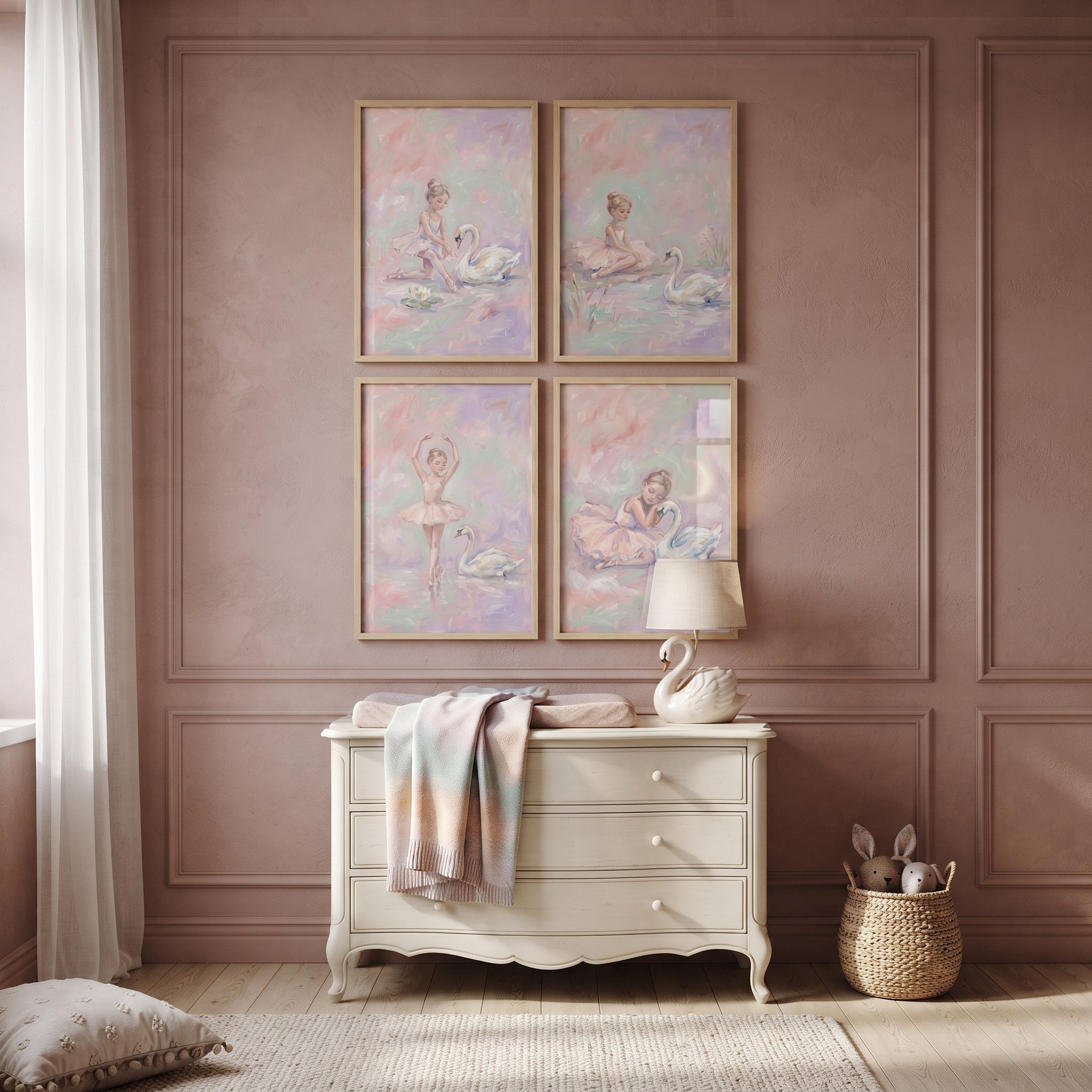 Dreamy Pastel Swan Ballet Wall Art Set of 4 - Soft Ballet Serenity