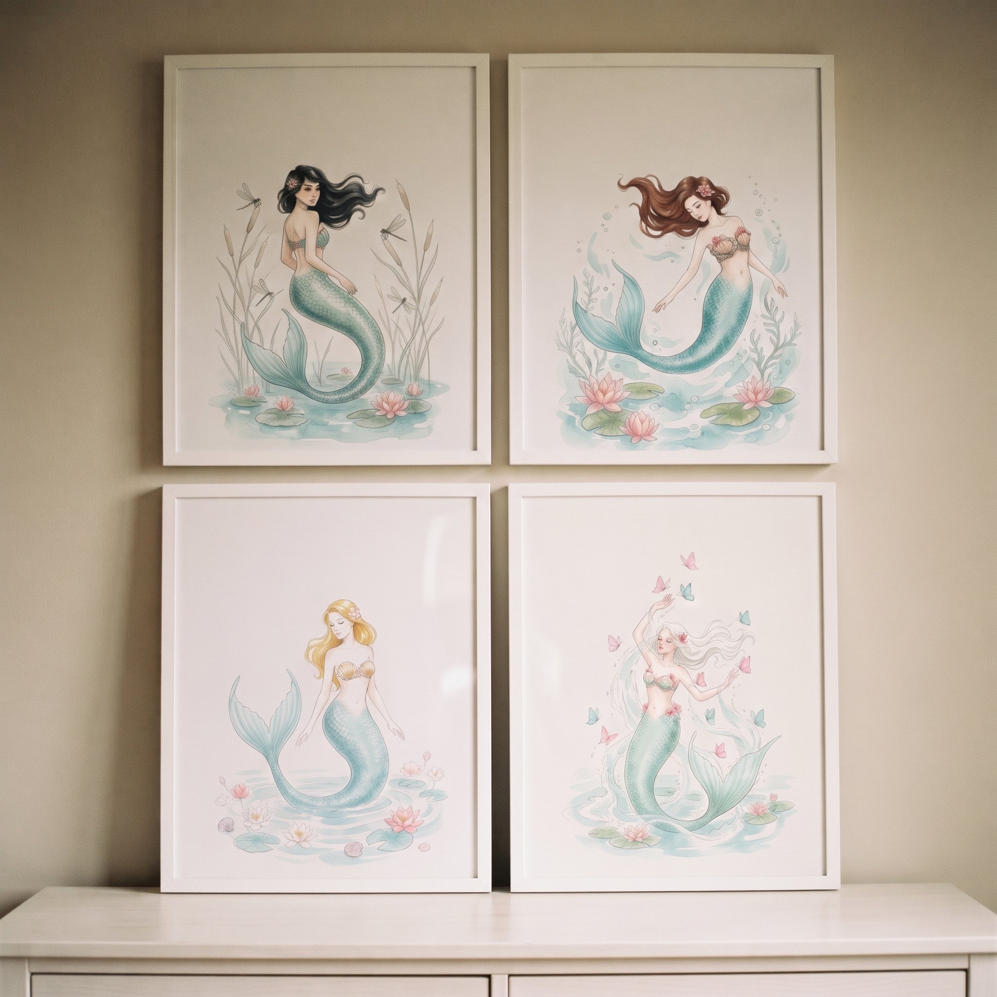 Dreamy Pastel Watercolor Mermaid Wall Art Set of 4 - Enchanted Water Nymphs
