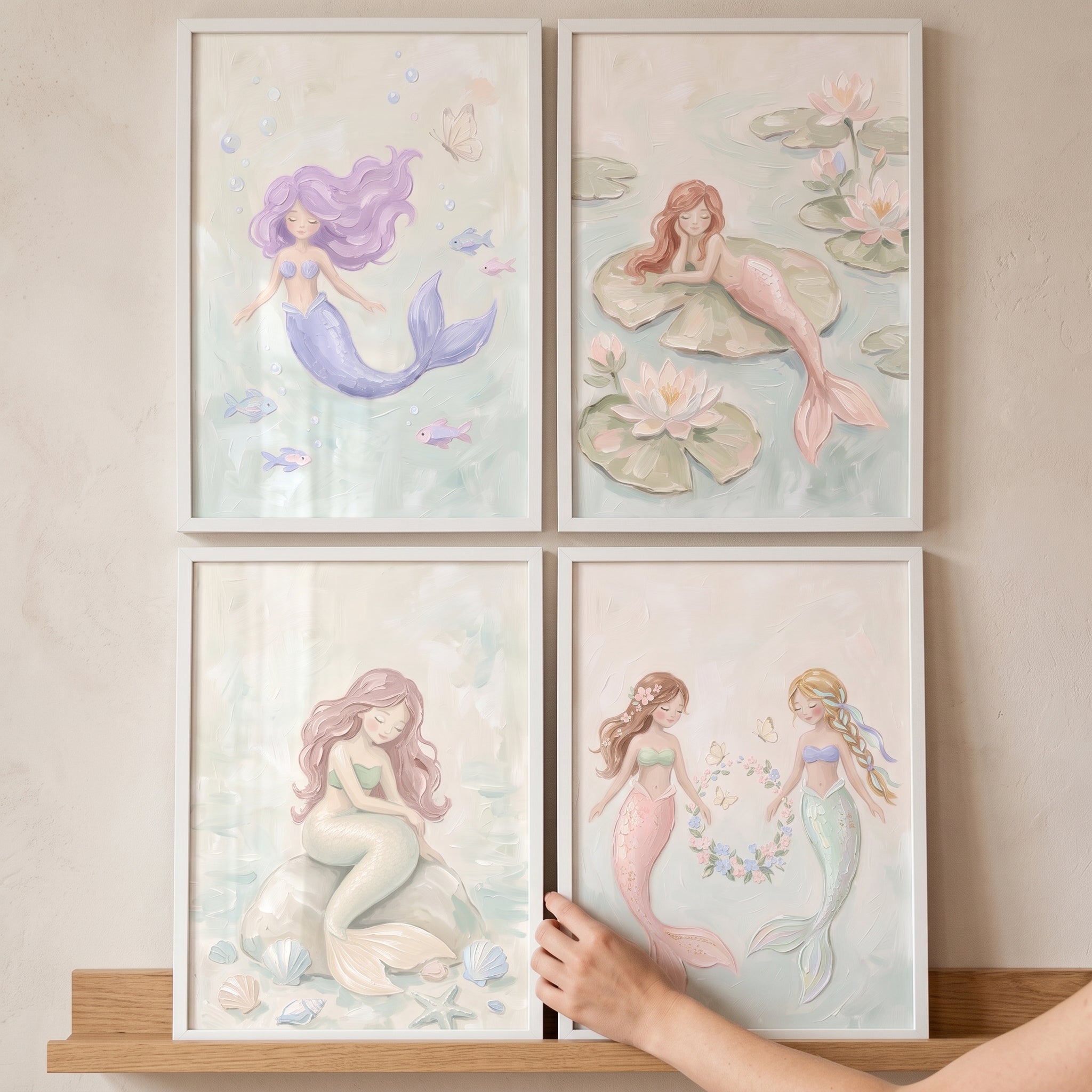 Dreamy Pastel Watercolor Mermaid Wall Art Set of 4 - Soft Ocean Magic