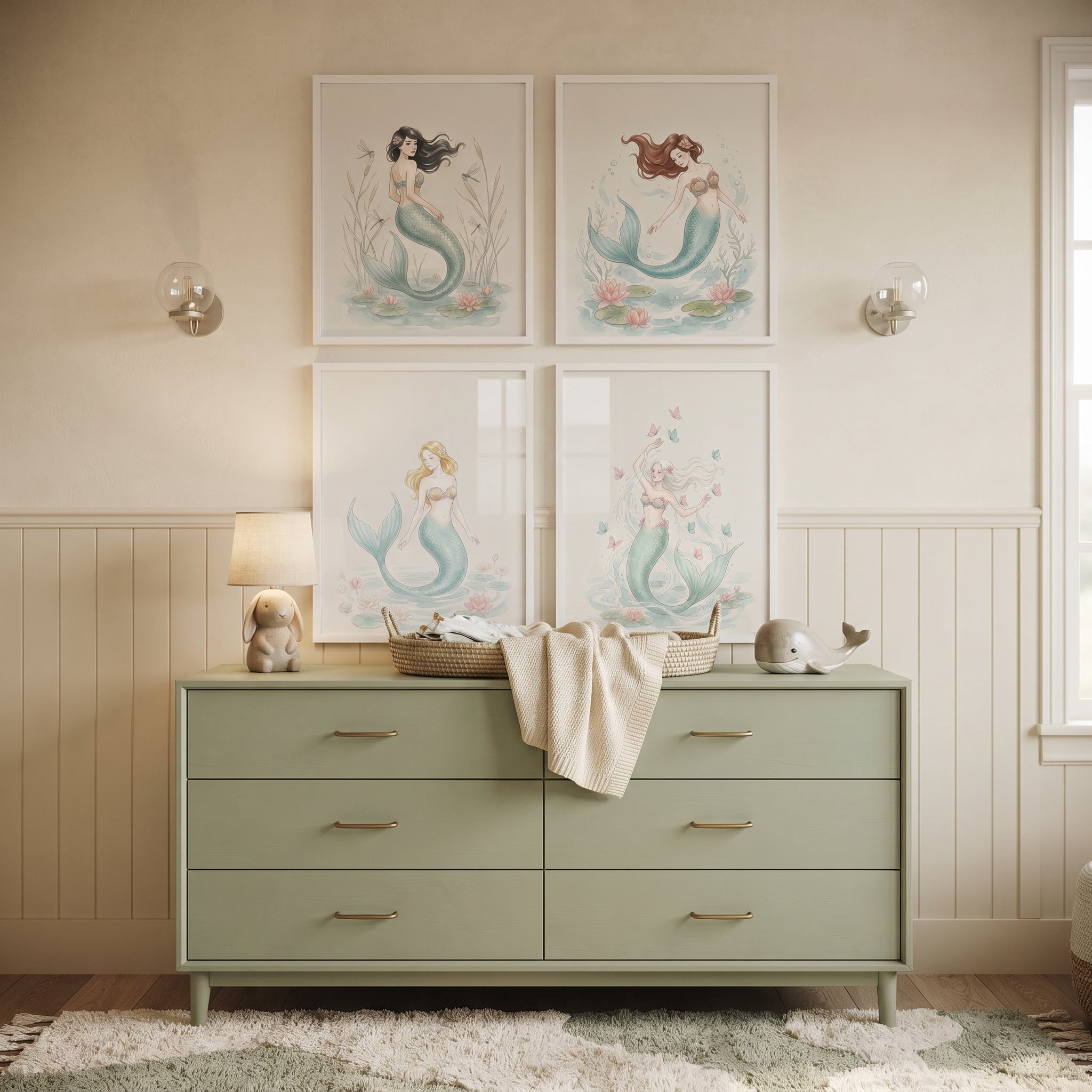 Dreamy Pastel Watercolor Mermaid Wall Art Set of 4 - Enchanted Water Nymphs