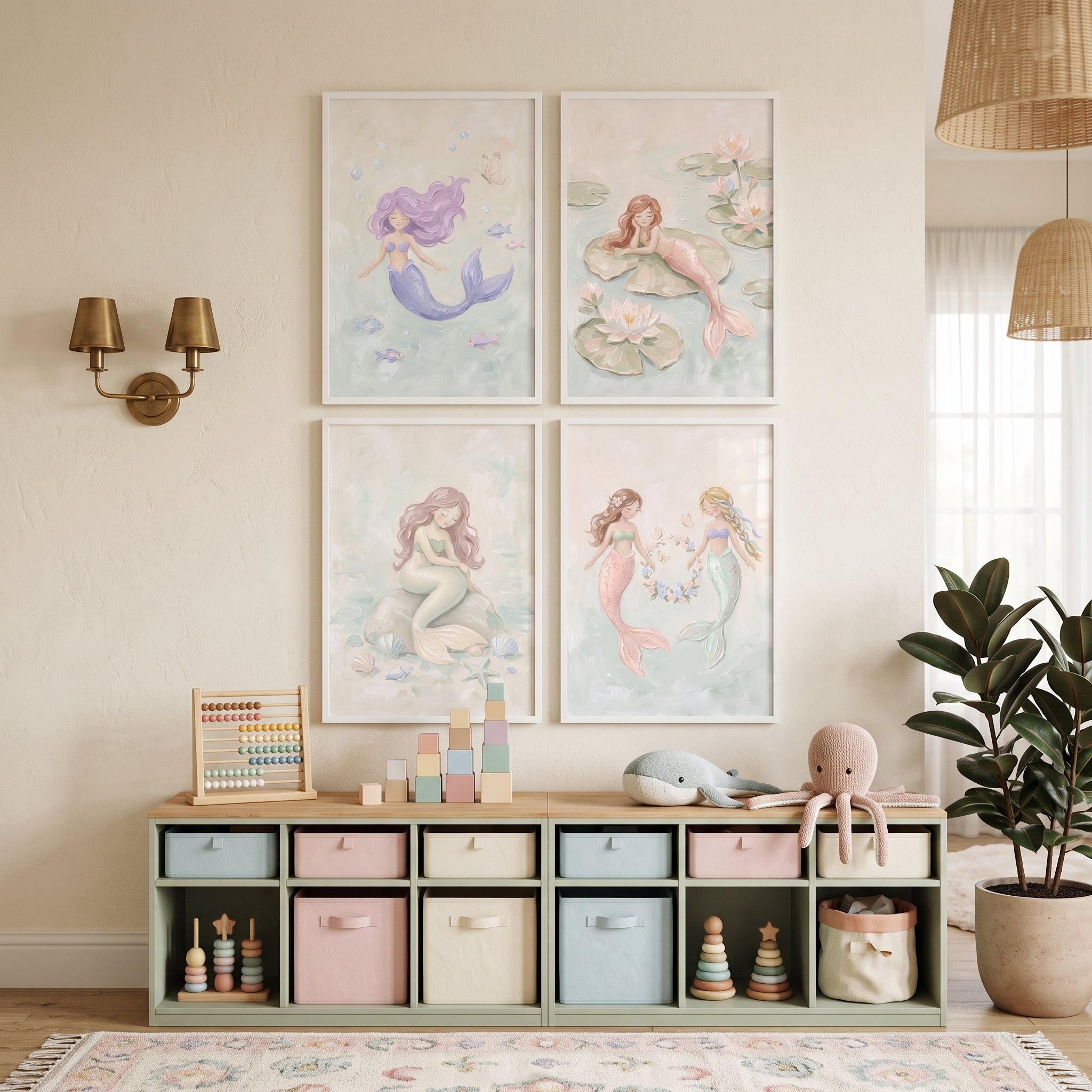 Dreamy Pastel Watercolor Mermaid Wall Art Set of 4 - Soft Ocean Magic