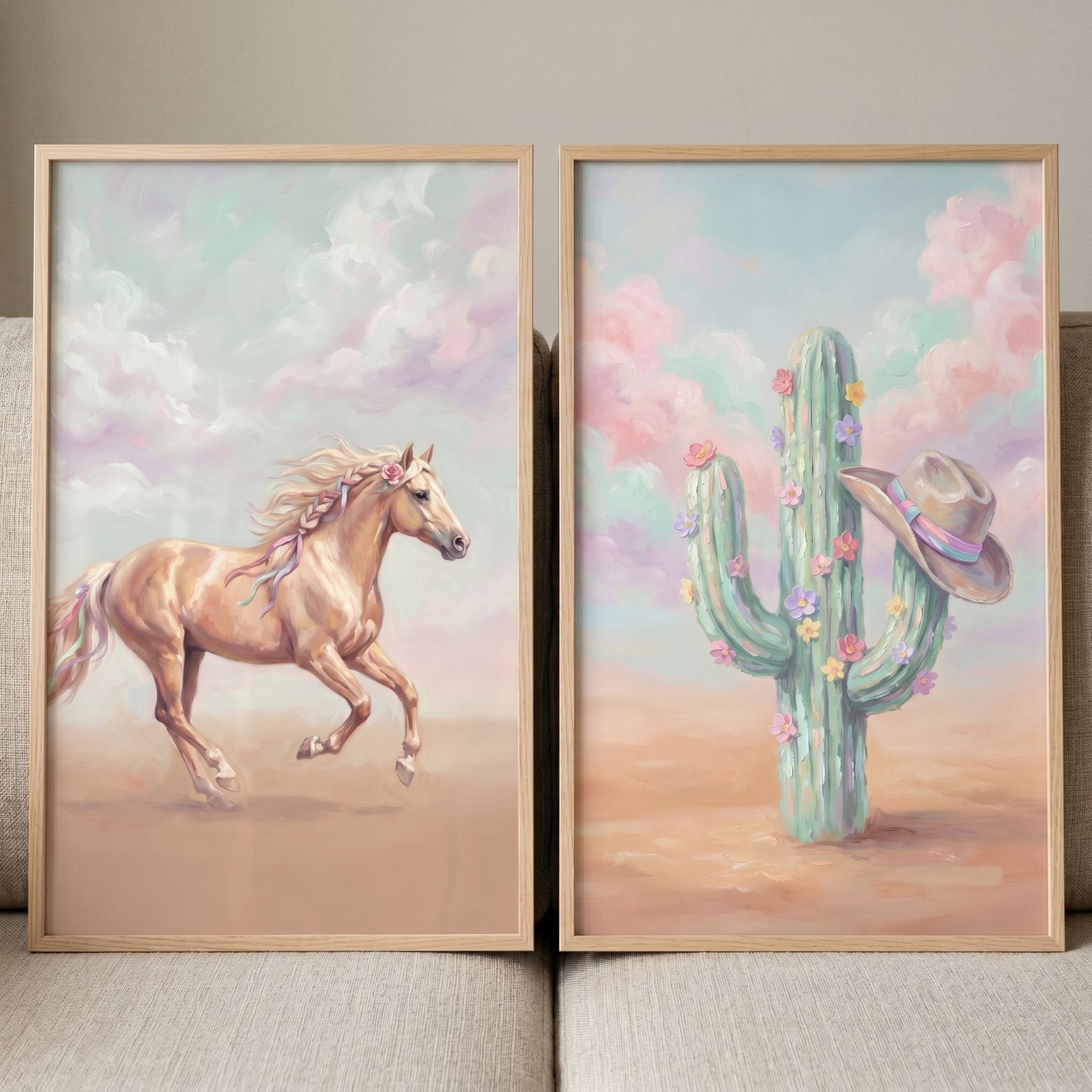 A galloping horse and a flowering cactus with a cowboy hat in this dreamy pastel western wall art set of 2.
