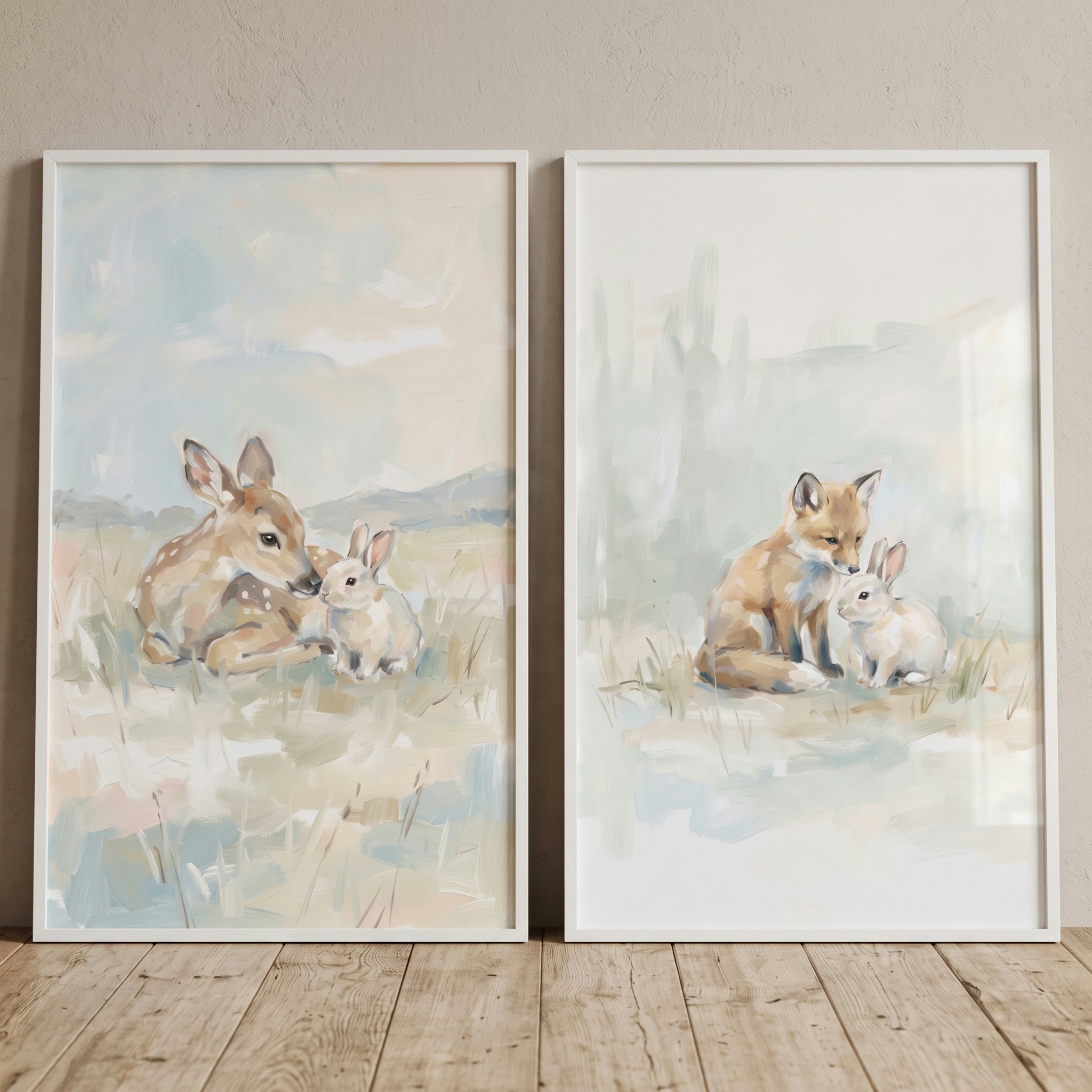 Dreamy Pastel Woodland Animals Wall Art Set of 2 - Sweet Meadow Duo