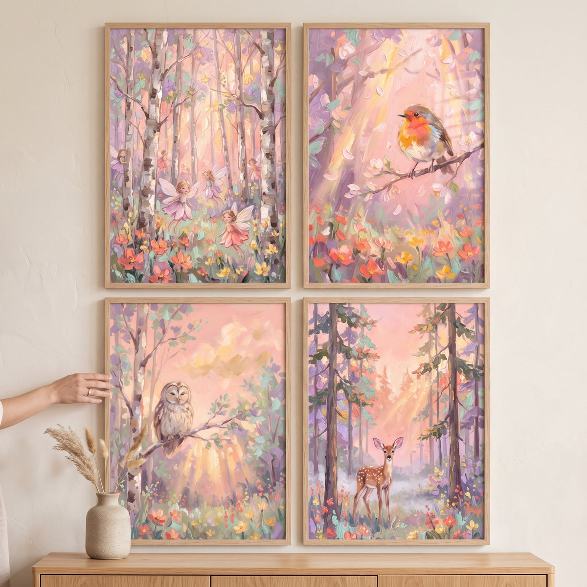 Dreamy pastel woodland wall art set of 4 featuring a deer, owl, robin, and fairies in soft, sunlit forest scenes.