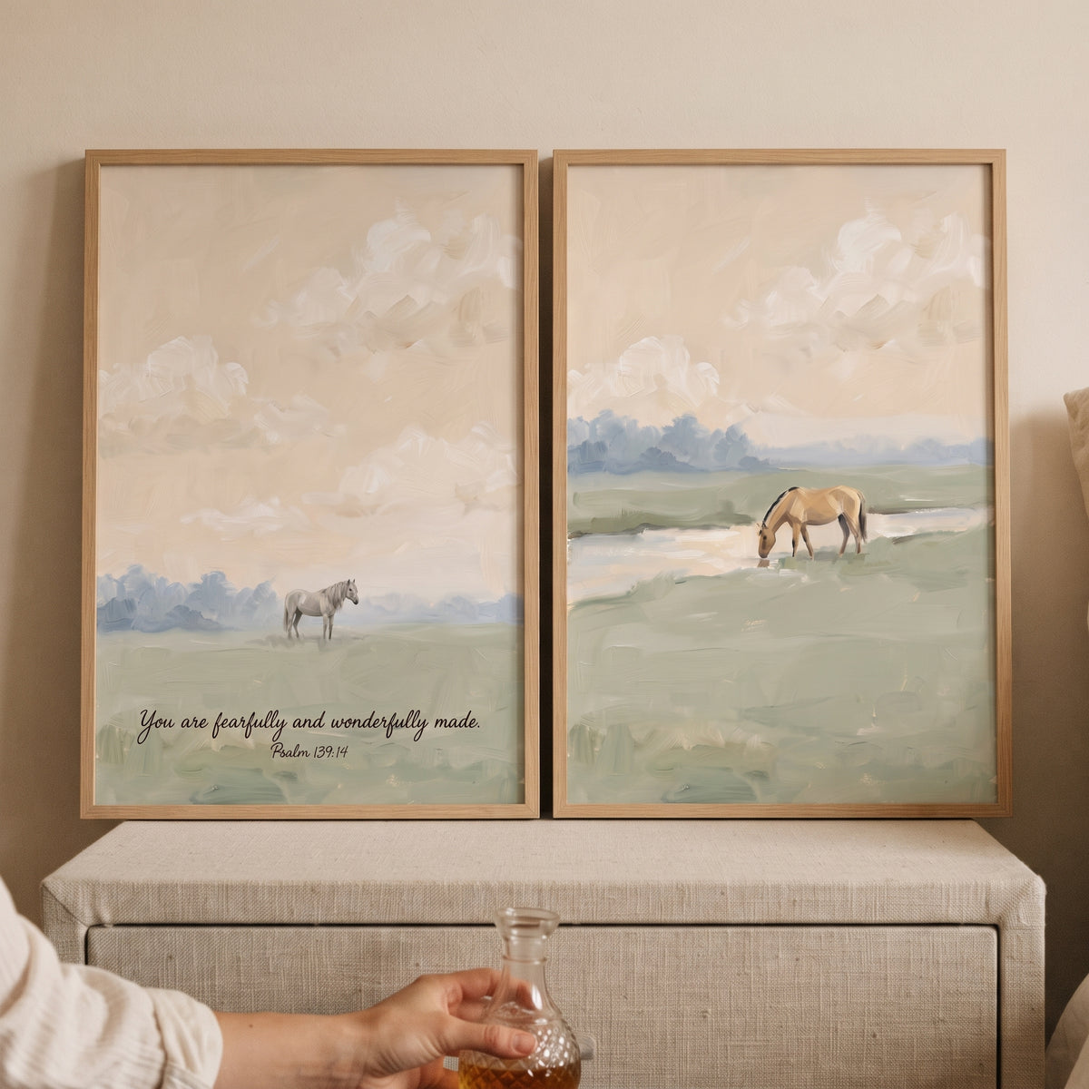 Dreamy pastoral landscape horse wall art set of 2 features soft scenes of horses in fields with a psalm scripture verse.