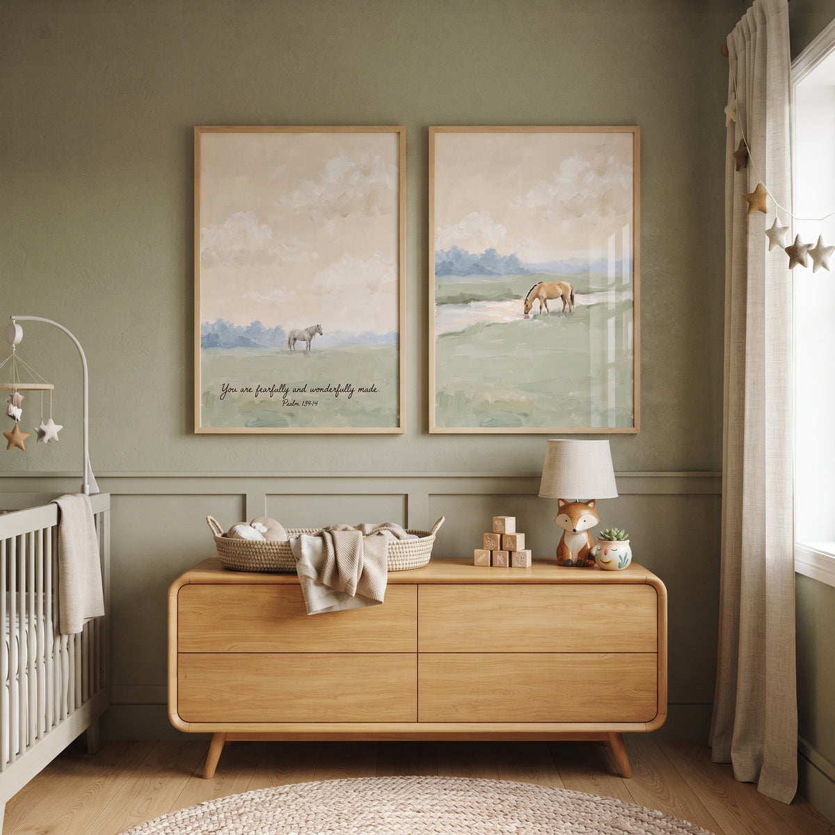 Dreamy Pastoral Landscape Horse Wall Art Set Of 2 - Peaceful Meadow View