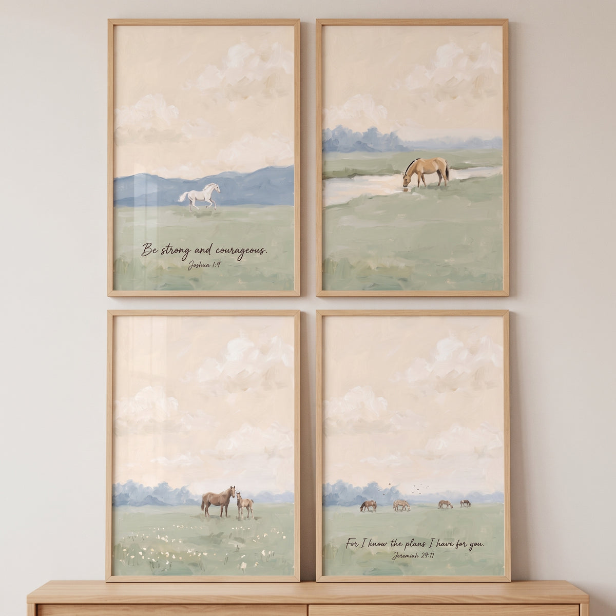 Dreamy peach sunset horse wall art set of 4 featuring horses in soft-toned fields with biblical scripture.