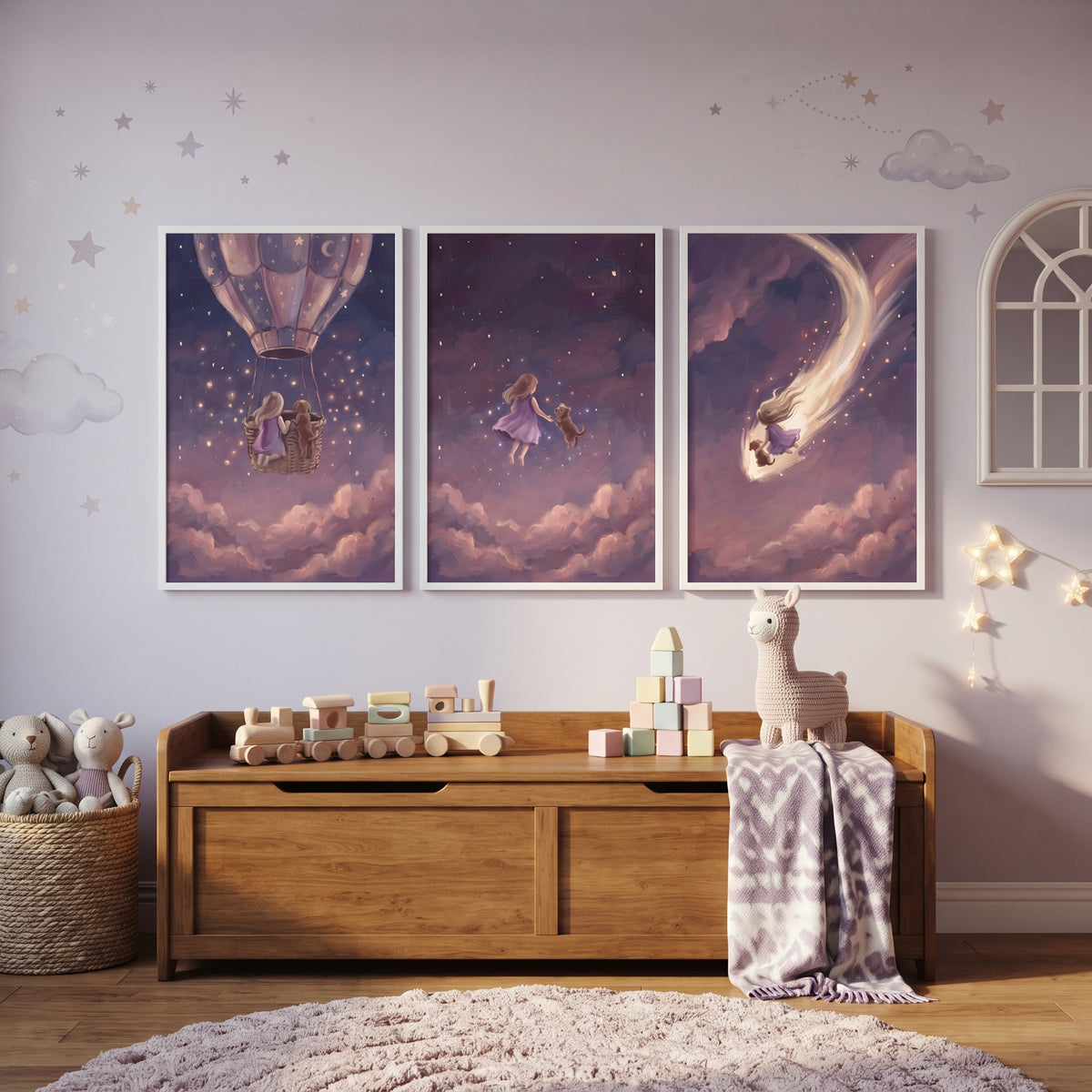 Dreamy Periwinkle Girl Dog Wall Art Set of 3 - Starlit Sky Adventure