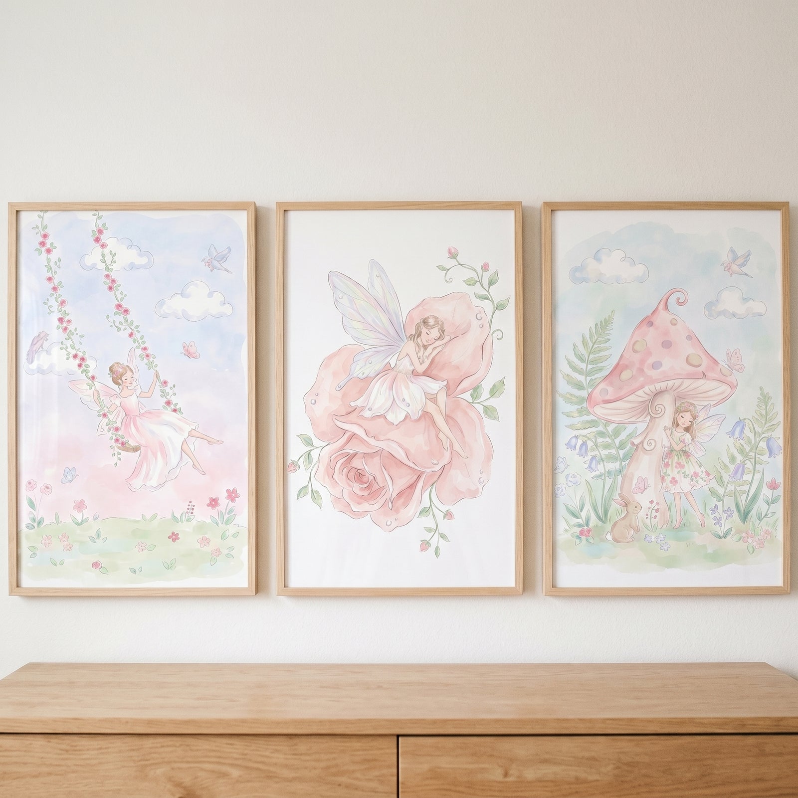 Dreamy pink fairy wall art set of 3 featuring fairies with a swing, a large rose, and a mushroom house in wood frames.