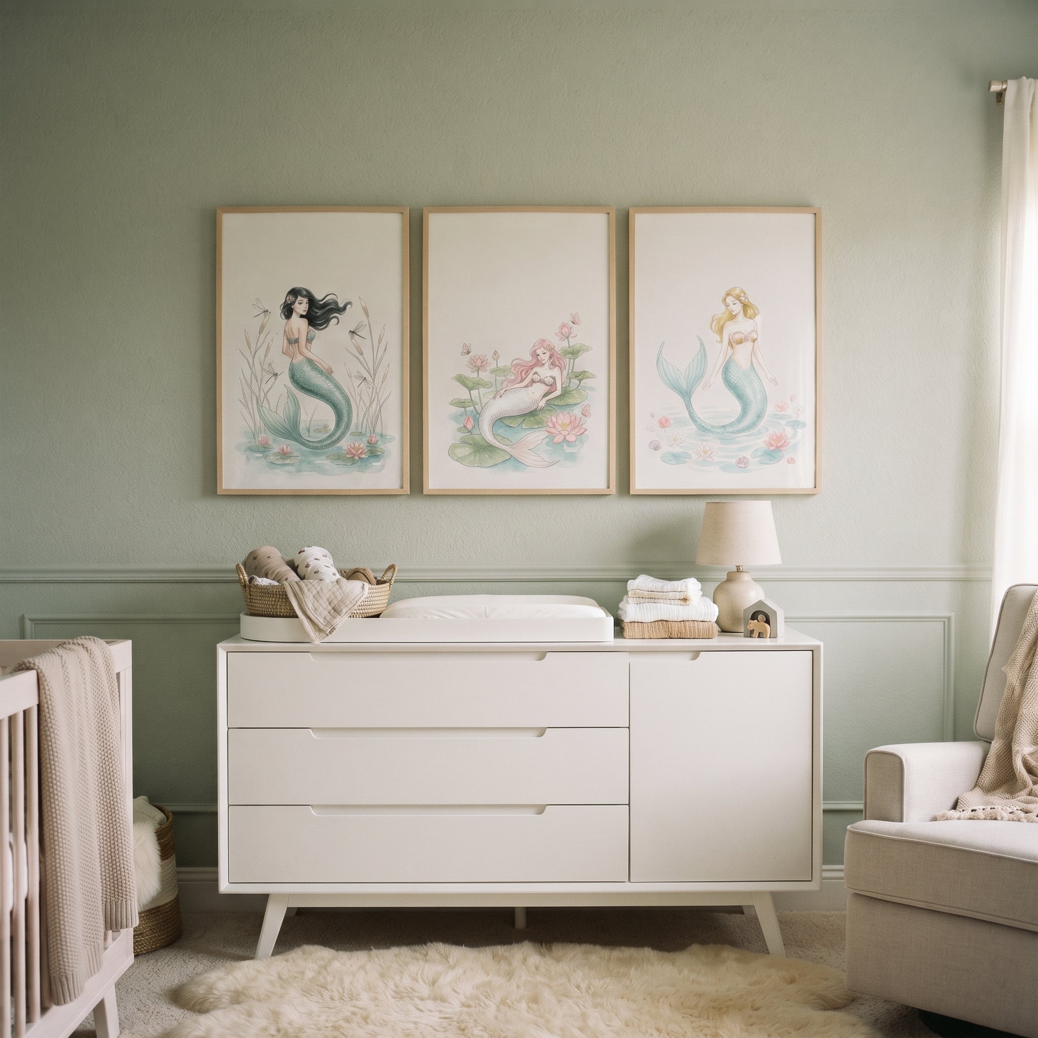 Dreamy Pink Lily Mermaid Wall Art Set of 3 - Serene Lagoon Mermaids