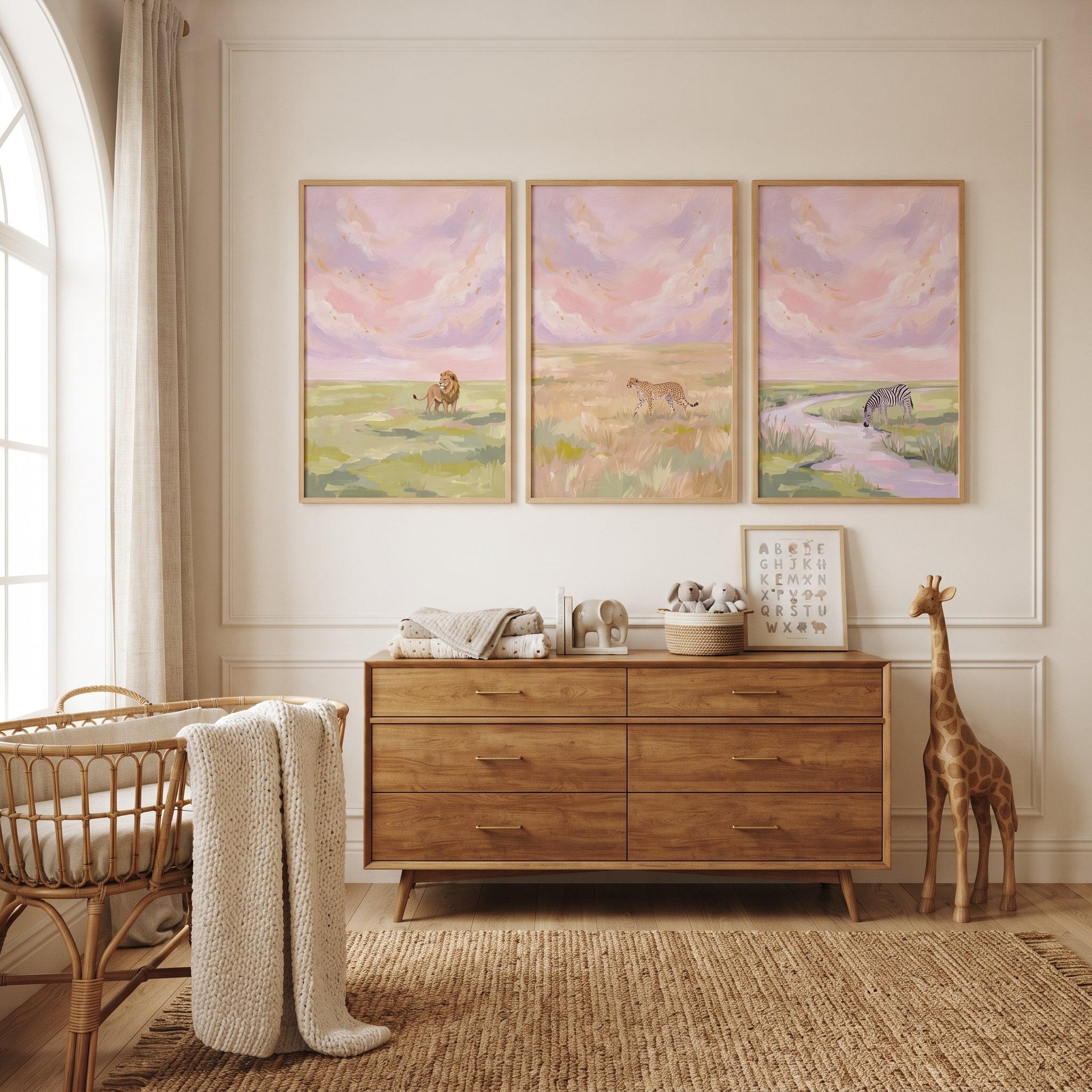 Dreamy Pink Safari Animals Wall Art Set of 3 - Pastel Safari Scenes