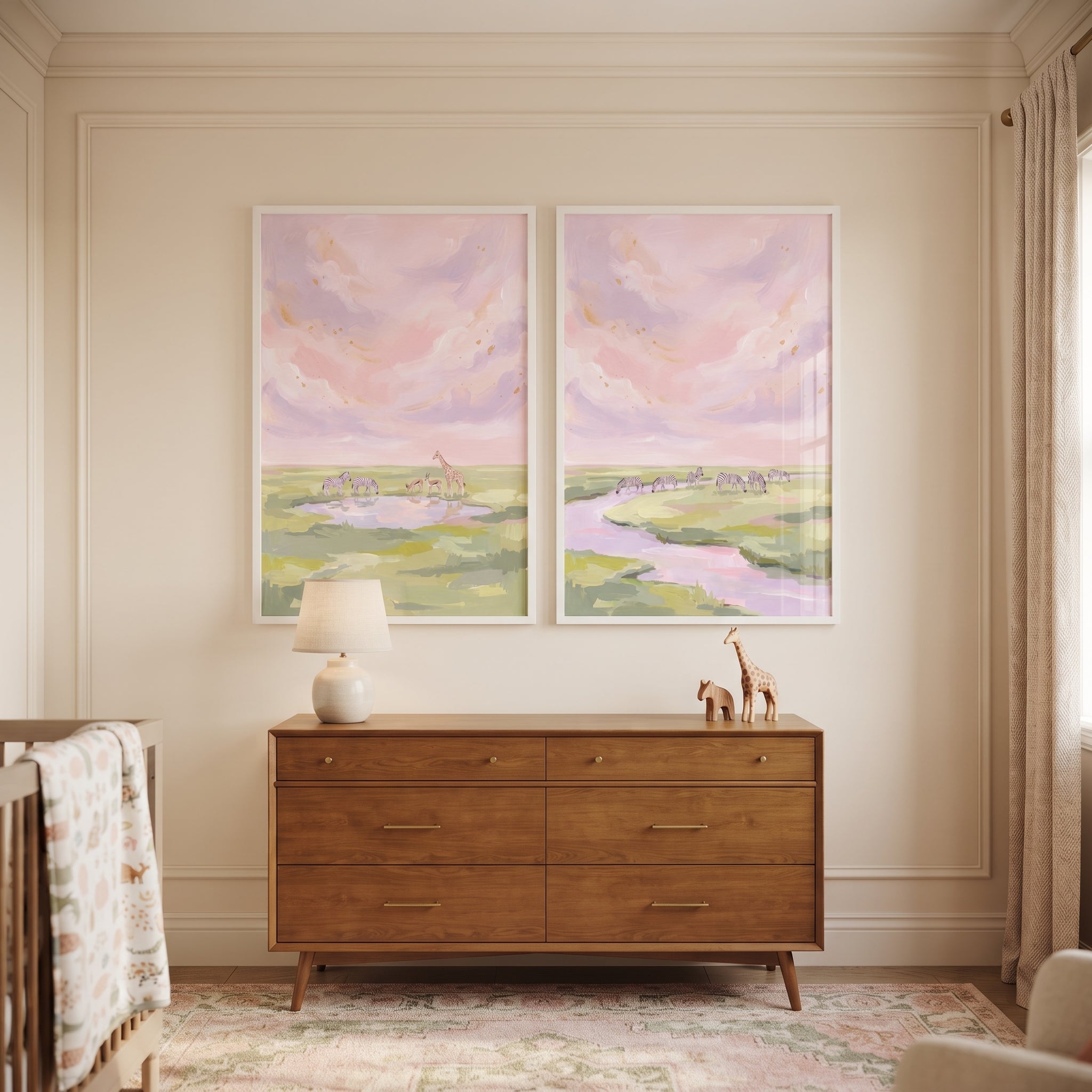 Dreamy Pink Sky Zebra Animals Wall Art Set of 2 - Pink Savanna Sky