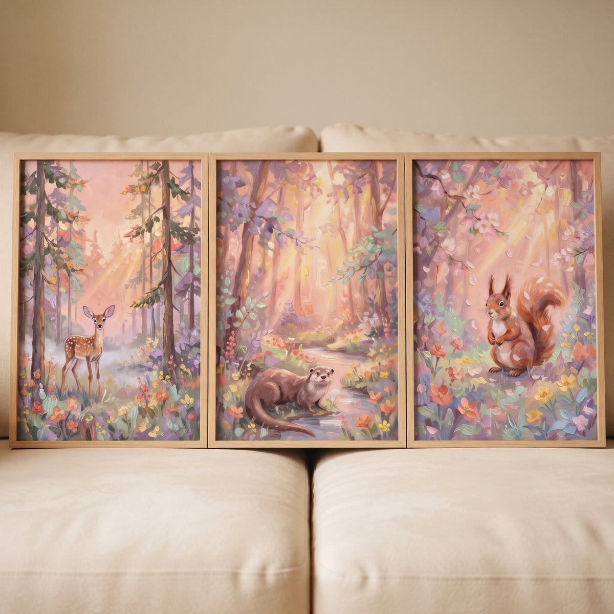 A dreamy pink wildlife forest wall art set of 3 featuring a fawn, otter, and squirrel in a sunlit, flowery woodland.