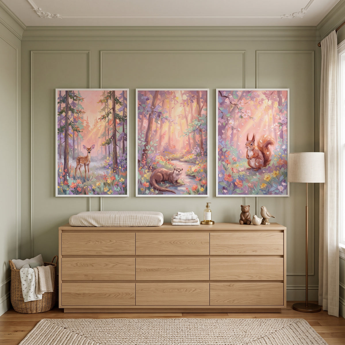Dreamy Pink Wildlife Forest Wall Art Set of 3 - Sunlit Woodland Trio