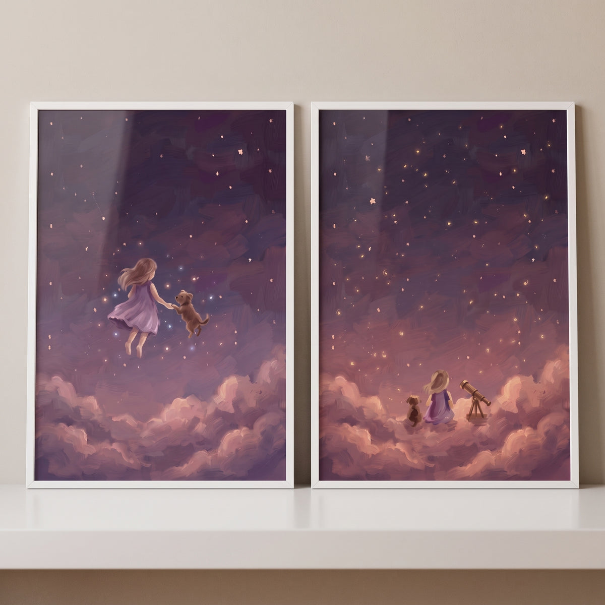Dreamy purple girl dog wall art set of 2 shows a child and pet floating and stargazing with a telescope among clouds.