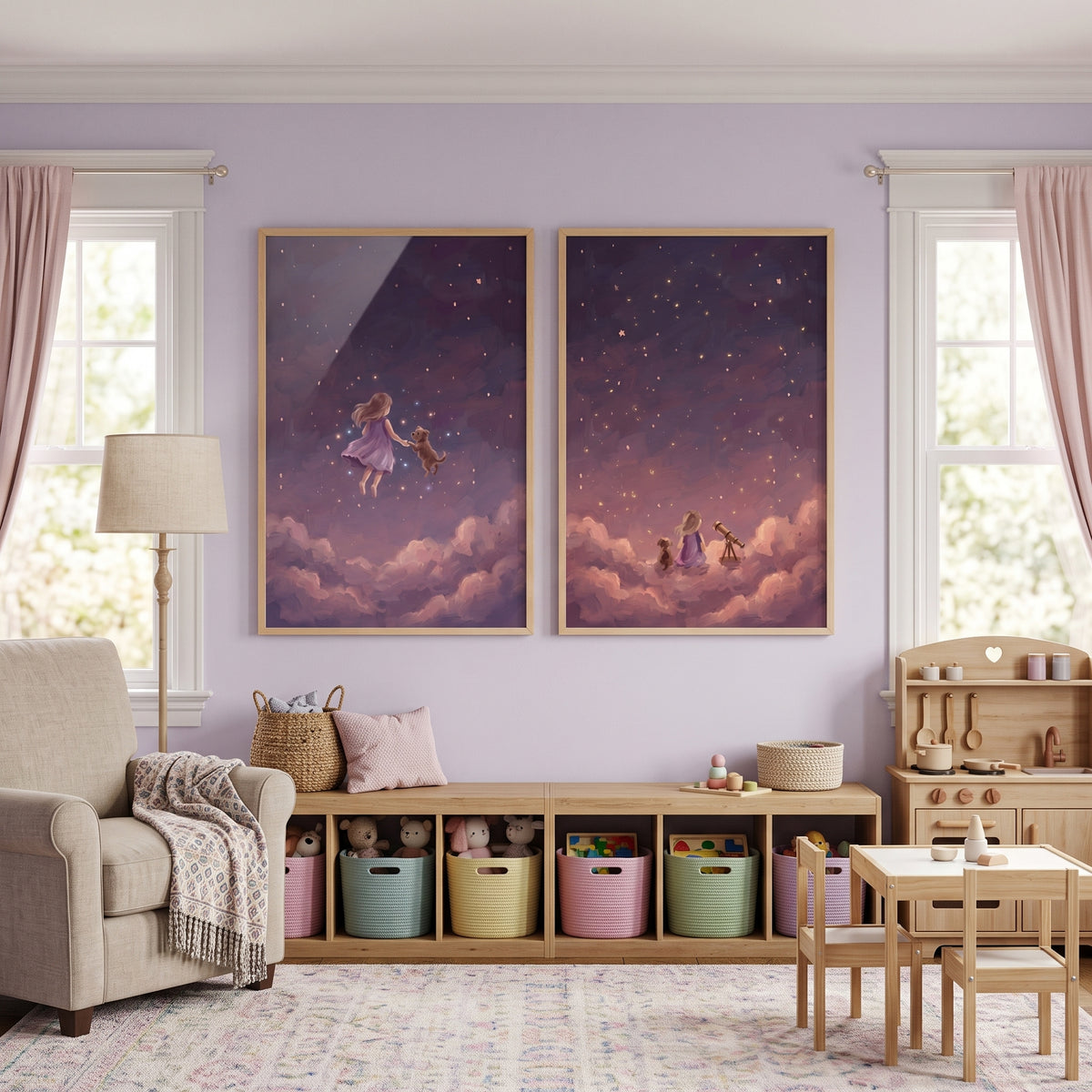 Dreamy Purple Girl Dog Wall Art Set of 2 - Stardust Dream Voyage