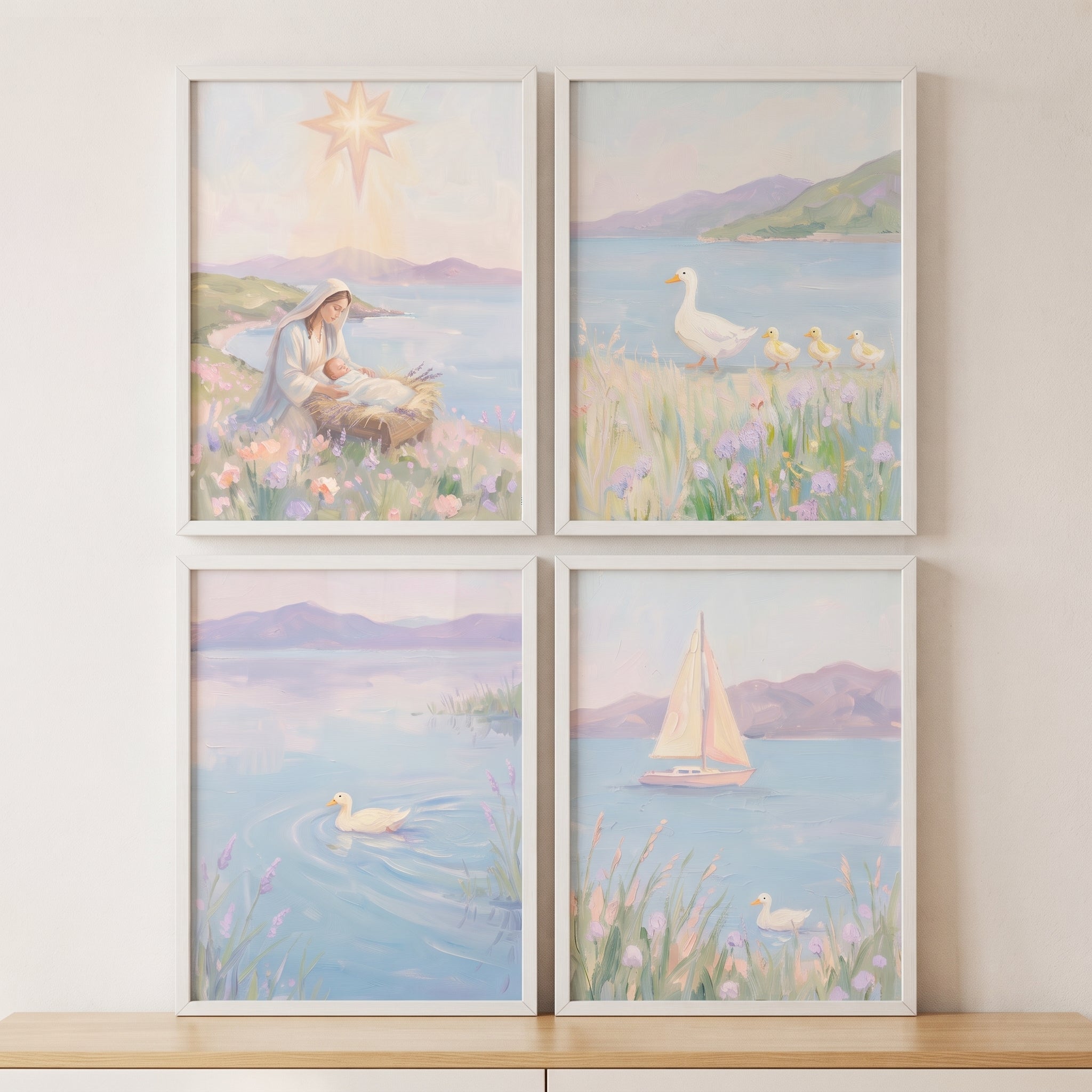 Dreamy Purple Lavender Landscape Wall Art Set of 4 - Jesus By Lakeside