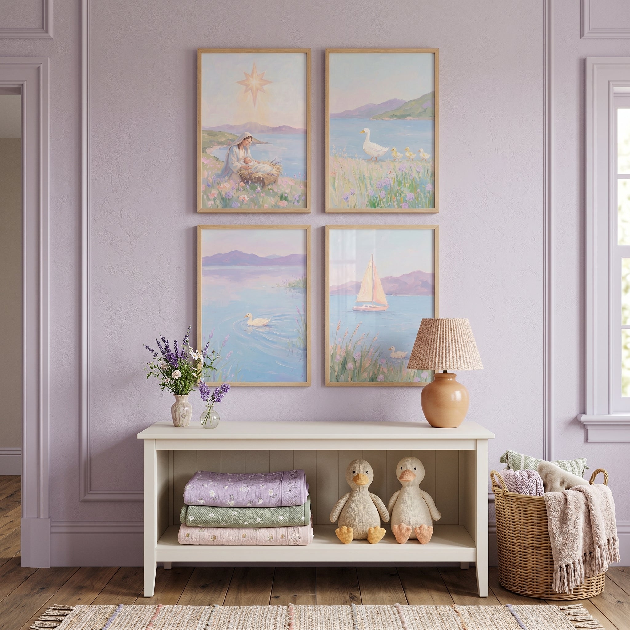 Dreamy Purple Lavender Landscape Wall Art Set of 4 - Jesus By Lakeside