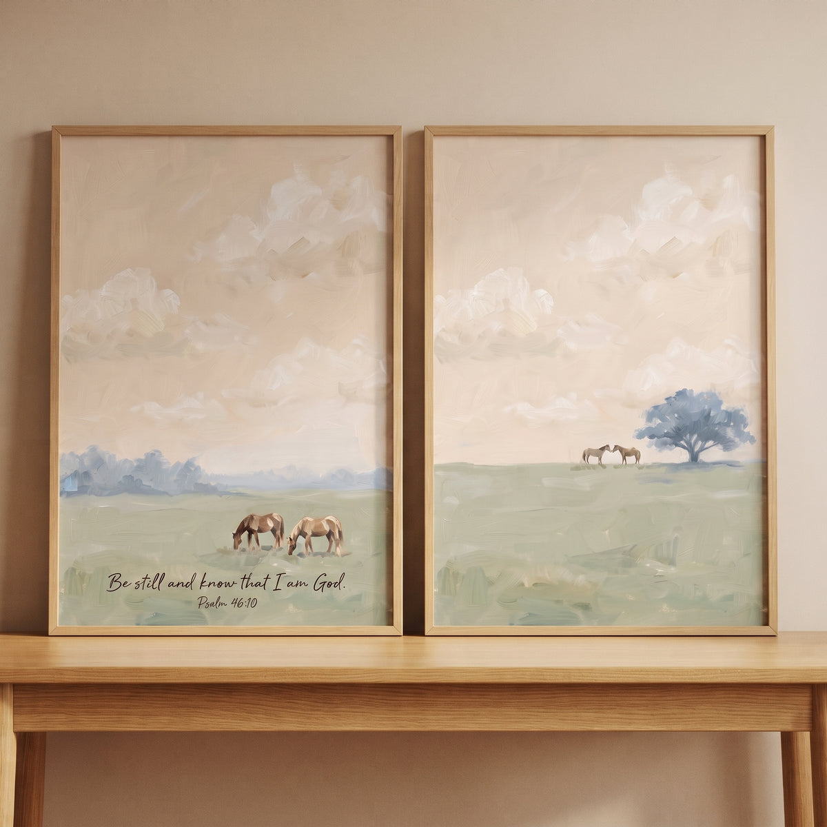 Dreamy rural scenery horse wall art set of 2 depicts horses in a field with a bible verse and a blue tree.