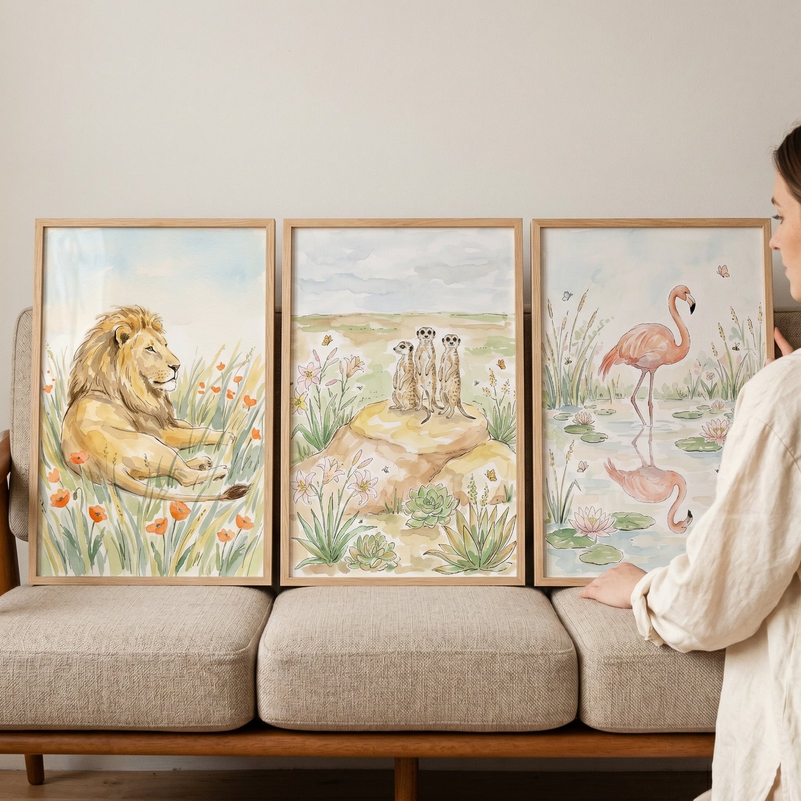 A dreamy safari animals wall art set of 3 featuring a lion, meerkats, and a flamingo displayed on a beige sofa.