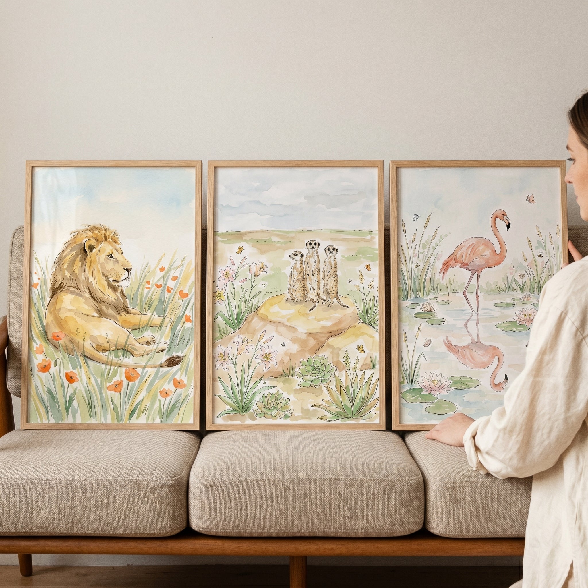 Dreamy Safari Animals Wall Art Set of 3 - Soft Savanna Scenes