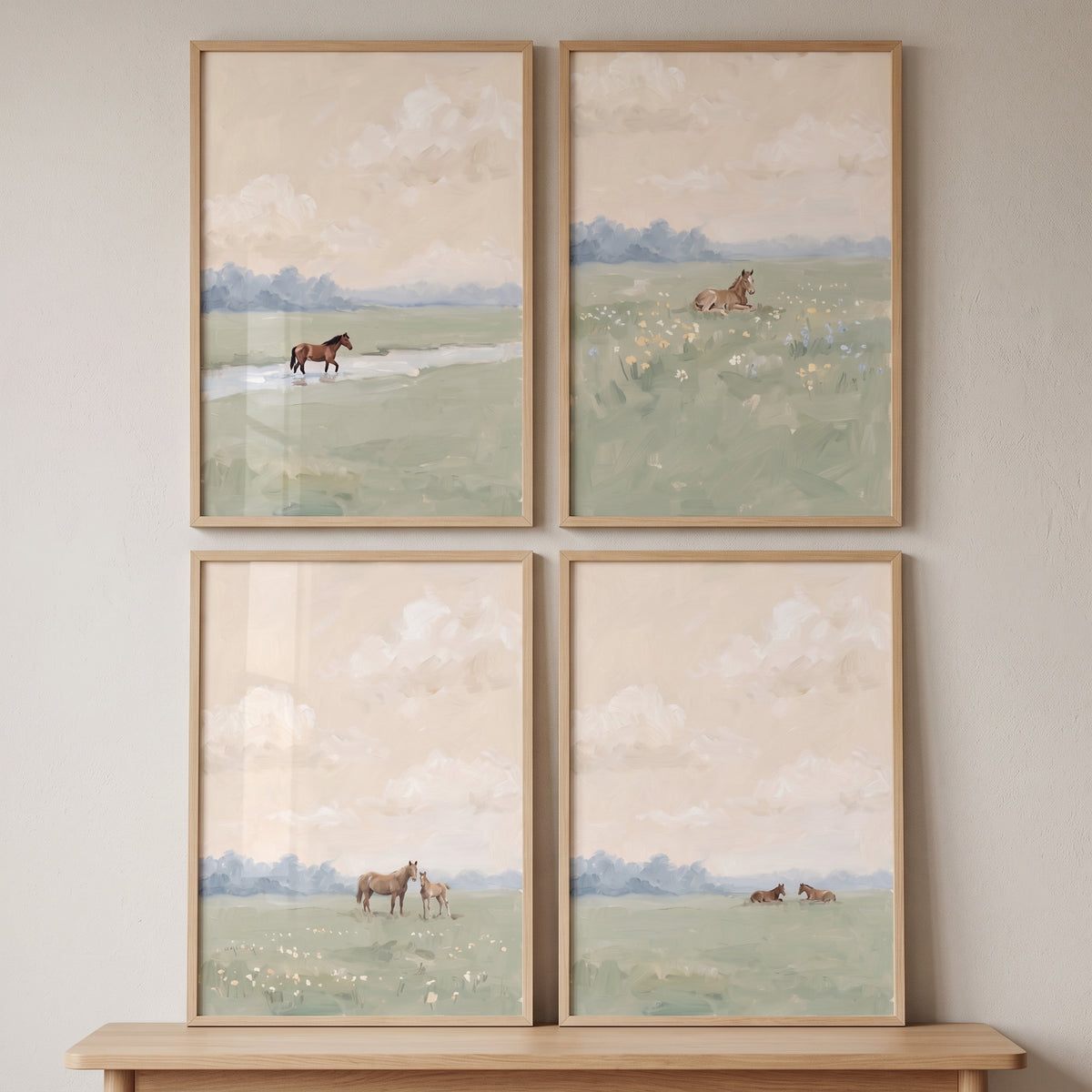 This dreamy sage field horse wall art set of 4 features horses resting and grazing in soft, muted landscape scenes.