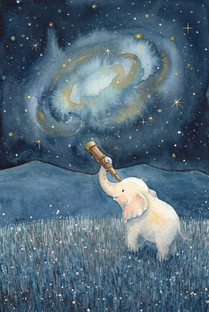 Whimsical wall art print of a pale baby elephant standing in a blue grassy field at night and lifting a small telescope toward a glowing spiral galaxy in the sky. Soft stars and deep navy watercolor washes give the scene a dreamy bedtime story feel.
