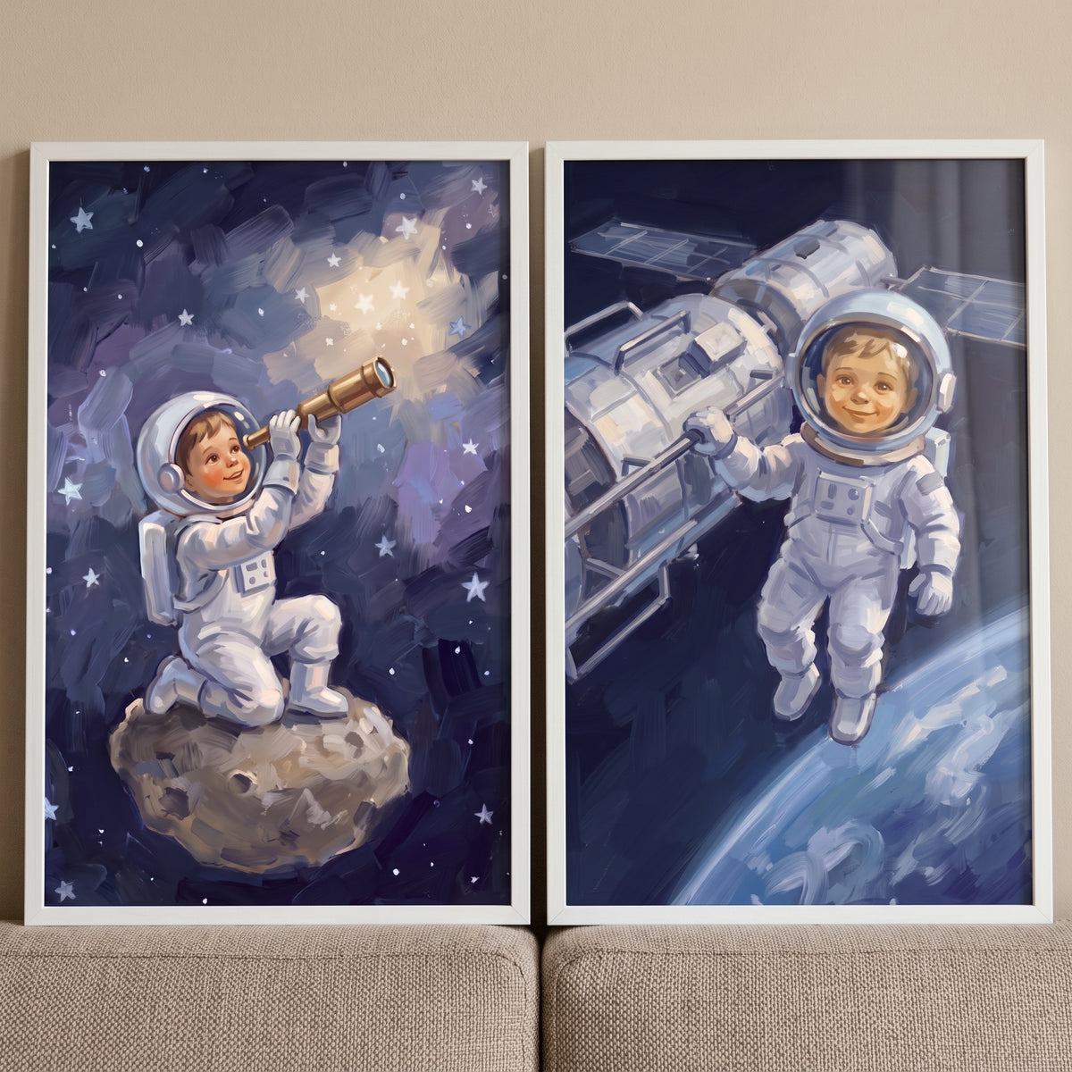 Dreamy starlight child astronaut wall art set of 2 with a boy using a telescope and floating near a space station.