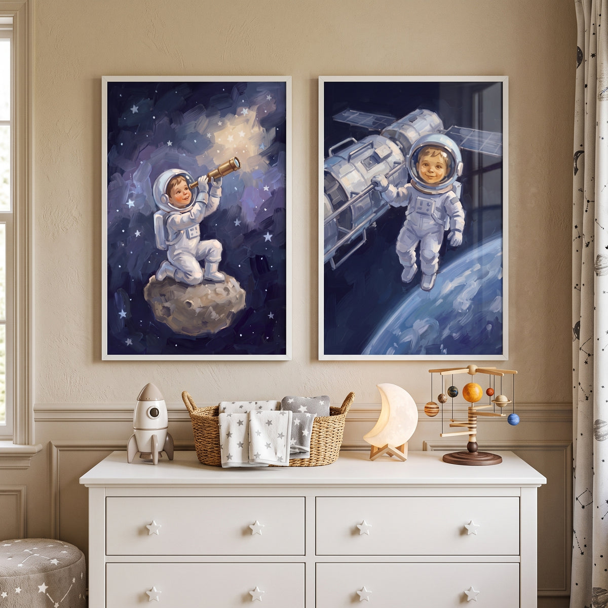 Dreamy Starlight Child Astronaut Wall Art Set of 2 - Stellar Dreamer Boy