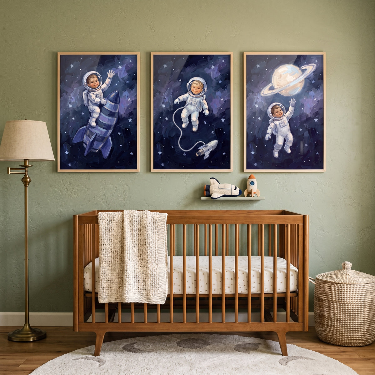 Dreamy Starry Baby Astronaut Wall Art Set of 3 - Tiny Galaxy Voyager