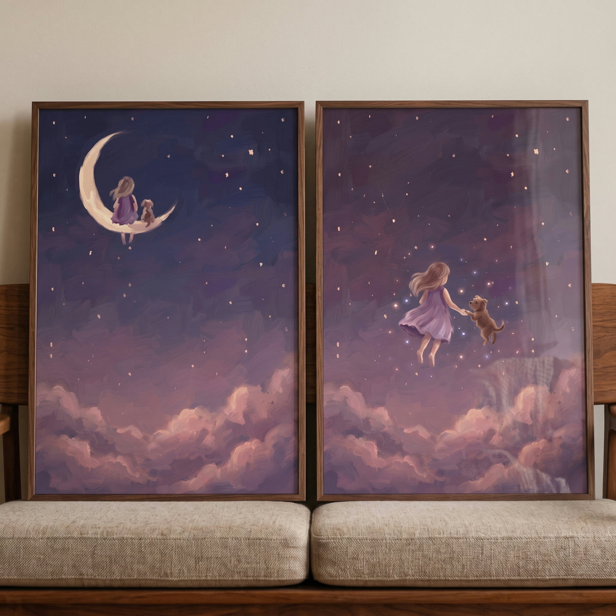 Dreamy starry girl dog wall art set of 2 with a child and puppy sitting on a moon and floating among pink clouds at night.