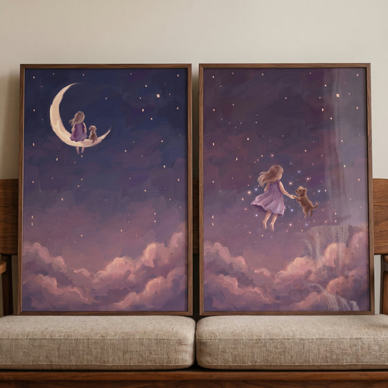 Dreamy starry girl dog wall art set of 2 with a child and puppy sitting on a moon and floating among pink clouds at night.