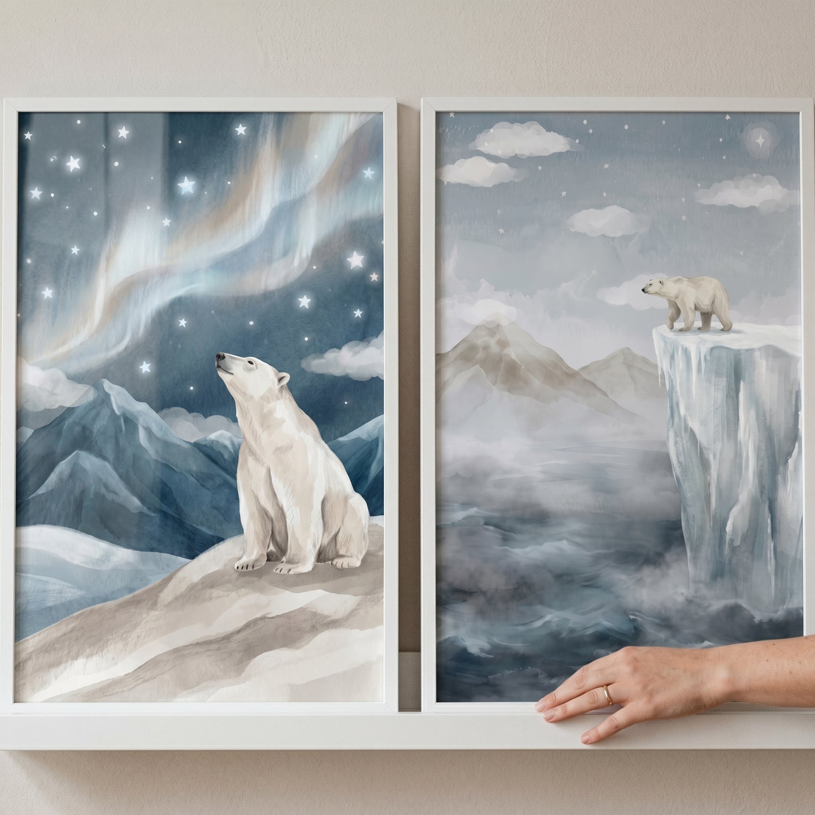 Dreamy starry polar bear wall art set of 2 featuring bears in arctic scenes with northern lights and misty mountains.