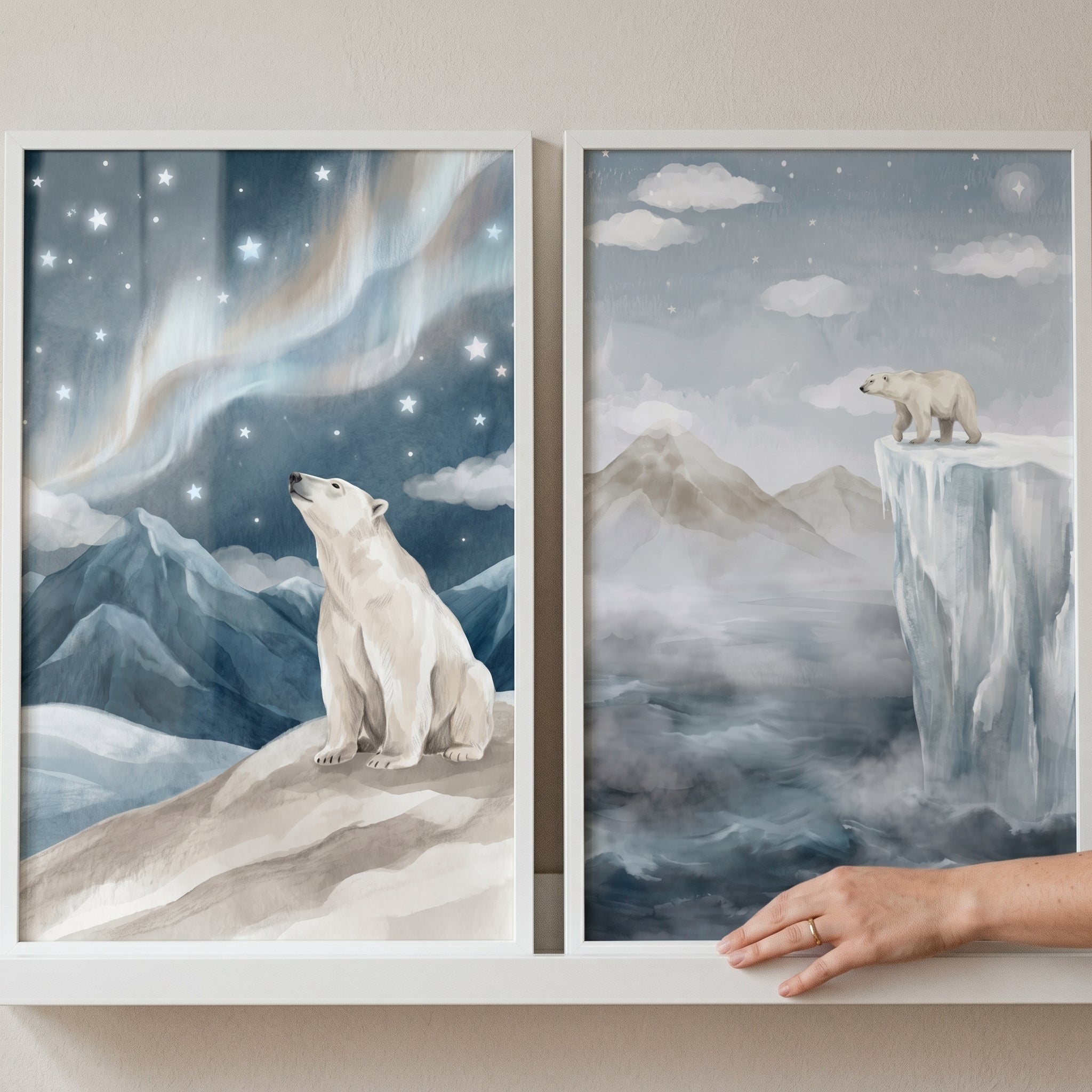 Dreamy Starry Polar Bear Wall Art Set of 2 - Arctic Aurora Dreams