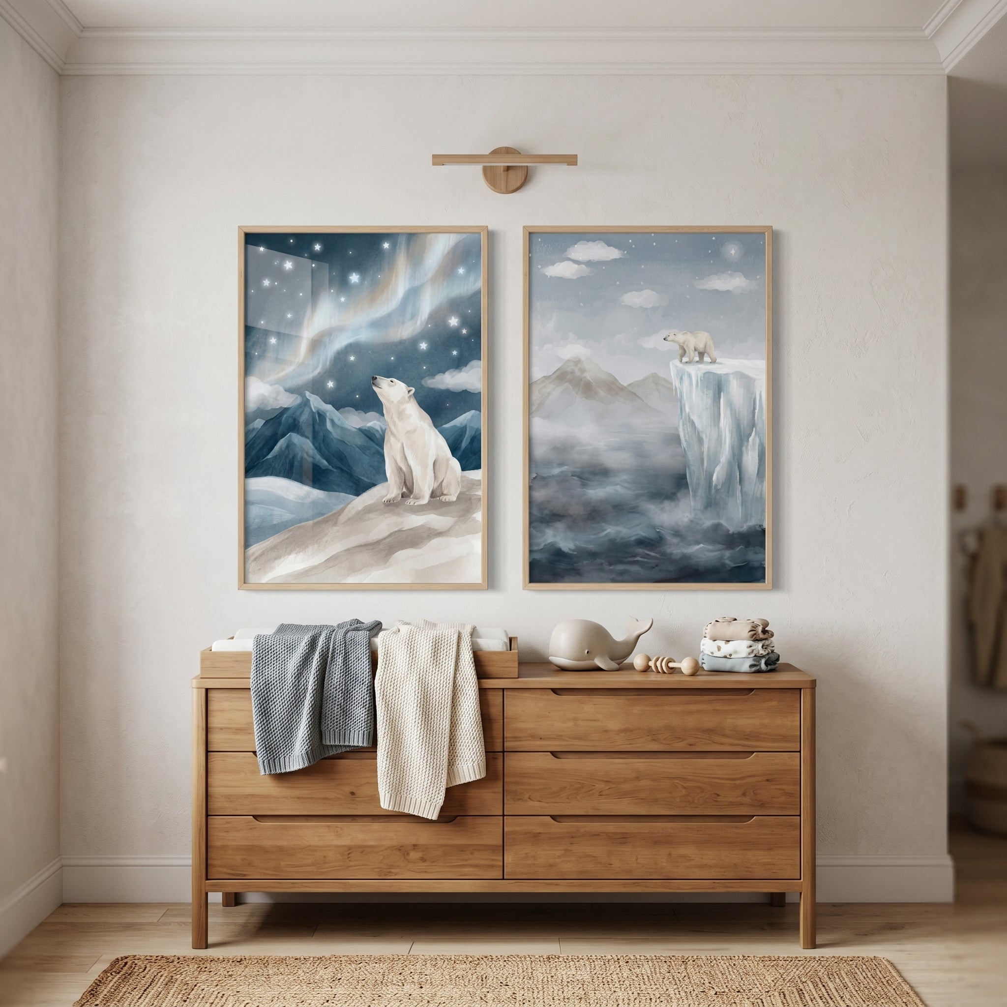 Dreamy Starry Polar Bear Wall Art Set of 2 - Arctic Aurora Dreams