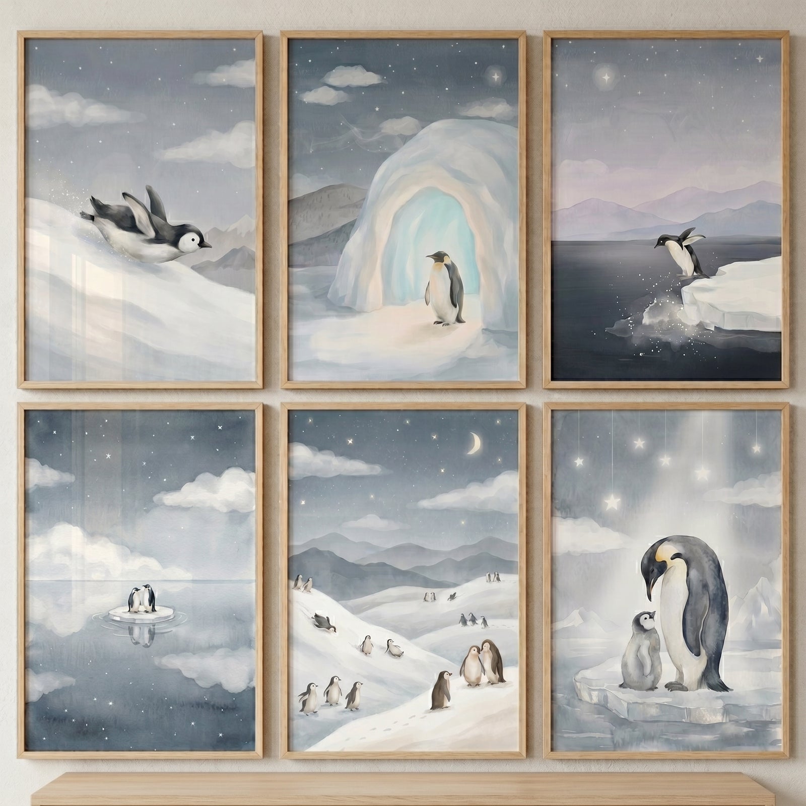 Dreamy starry sky penguin wall art set of 6 featuring watercolor scenes of penguins in snowy arctic landscapes.