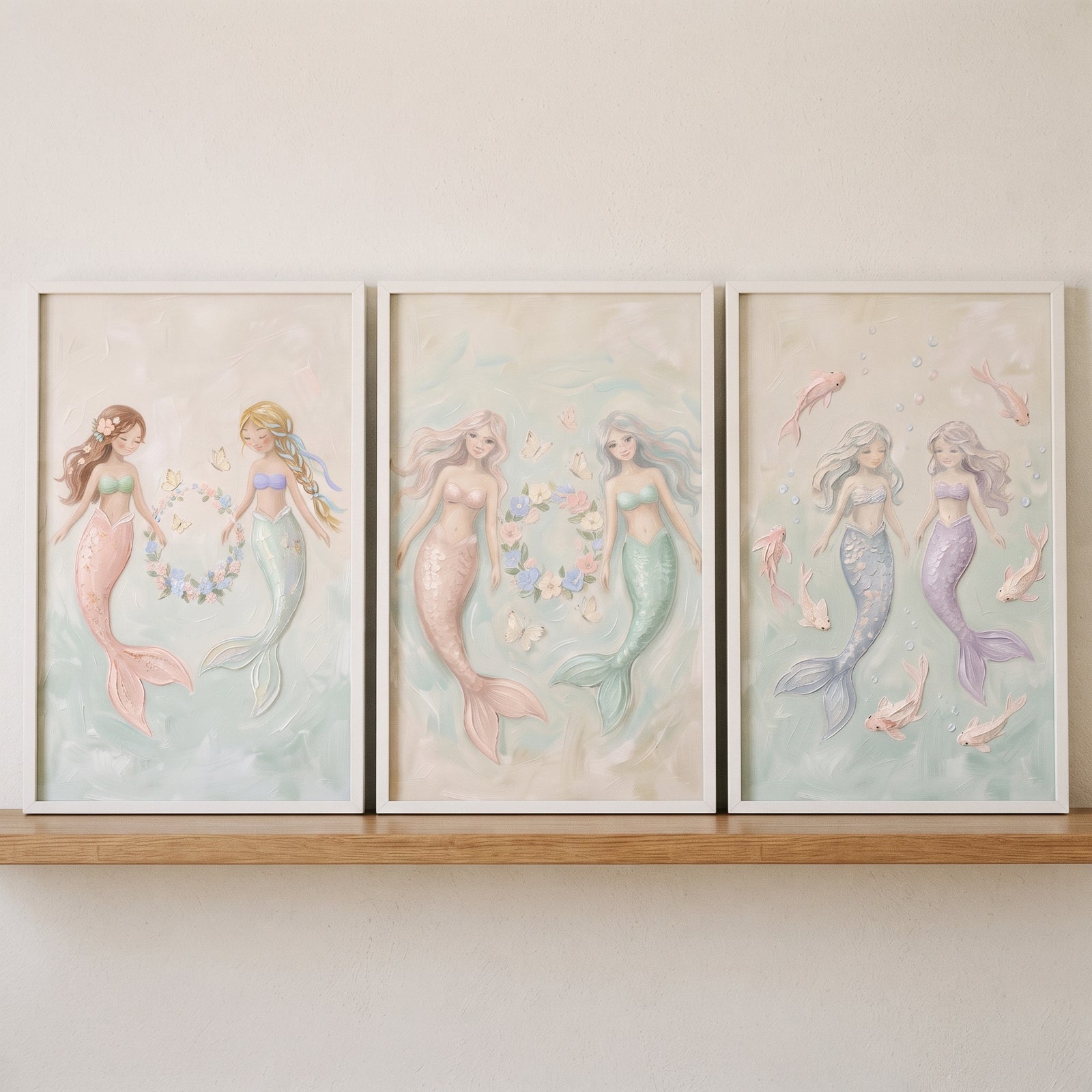 Dreamy textured sisters mermaid wall art set of 3 featuring soft pastel mermaids in white frames on a wooden shelf.