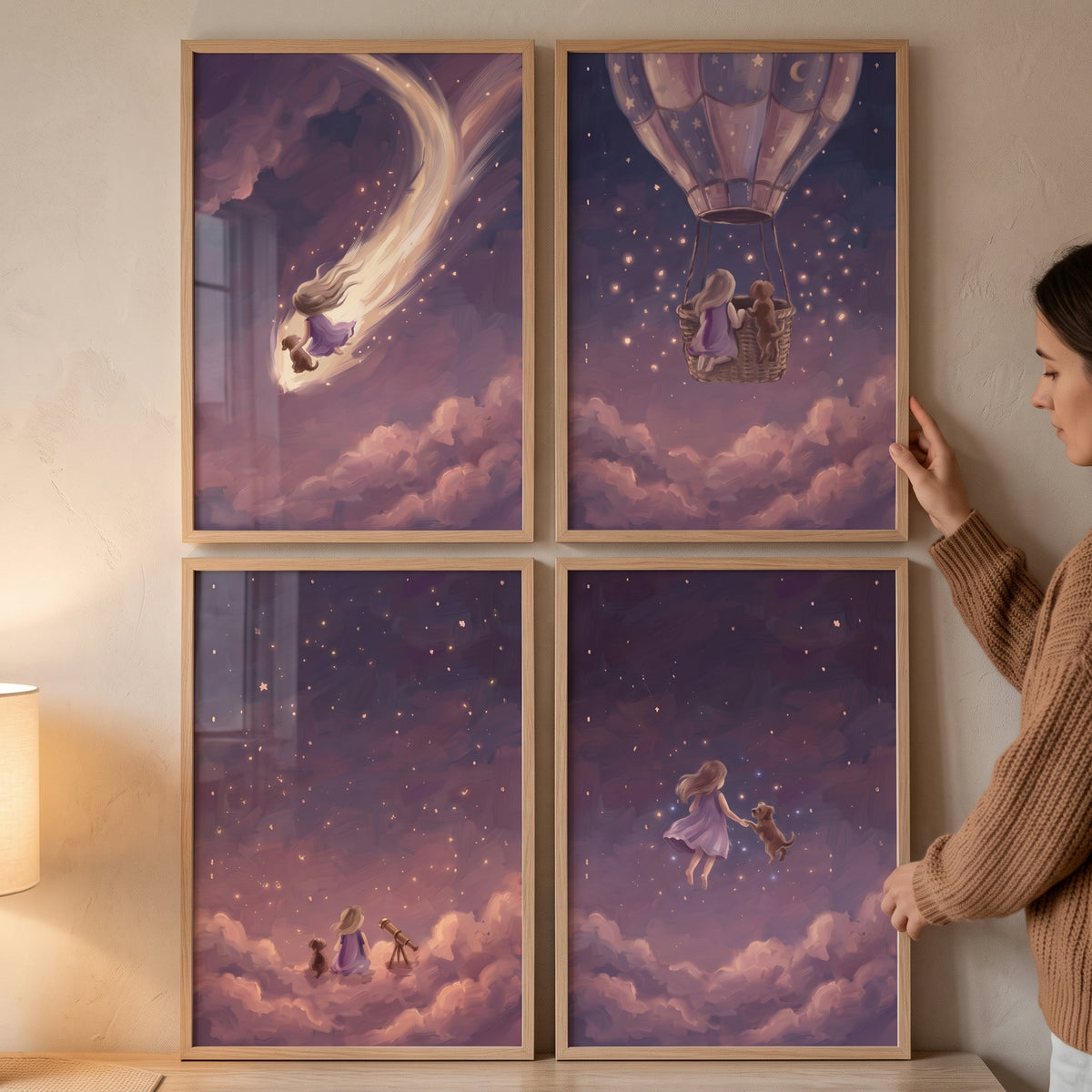 Dreamy violet girl dog wall art set of 4 in wooden frames featuring a girl and dog in a starry purple sky held by a person.