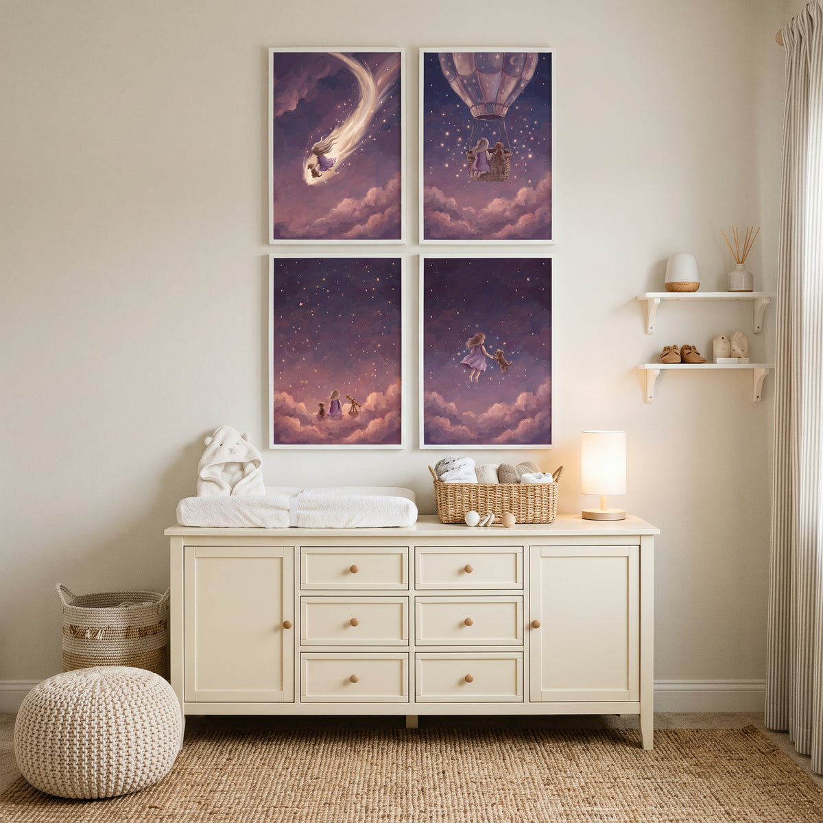 Dreamy Violet Girl Dog Wall Art Set of 4 - Celestial Night Voyage