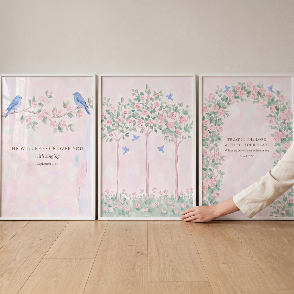 Dreamy Watercolor Blue Bird Wall Art Set of 3 - Blessed Floral Trio