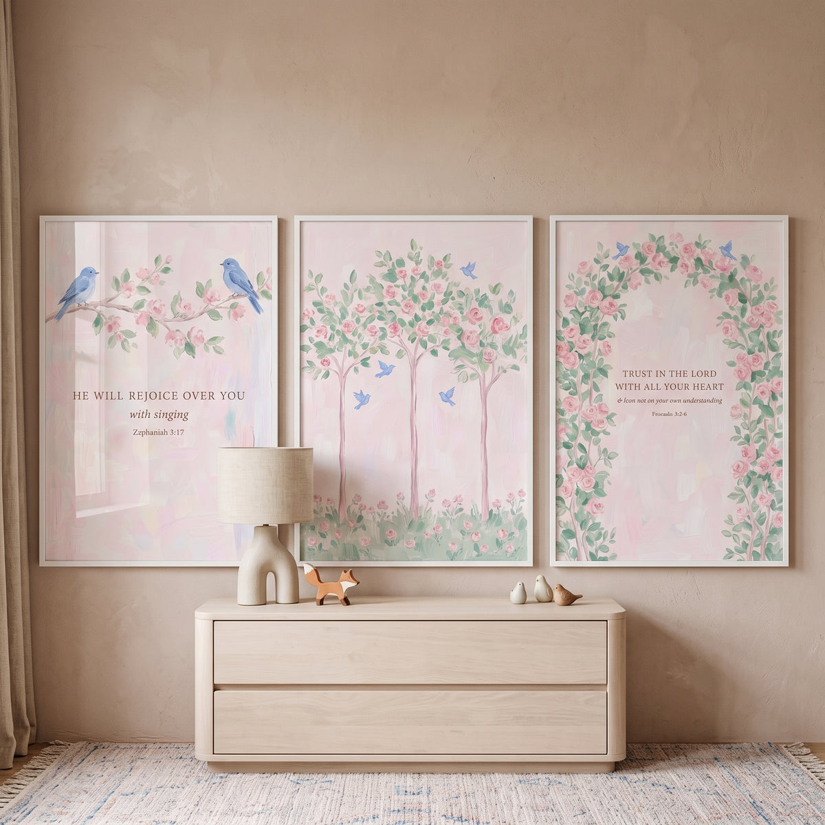 Dreamy Watercolor Blue Bird Wall Art Set of 3 - Blessed Floral Trio