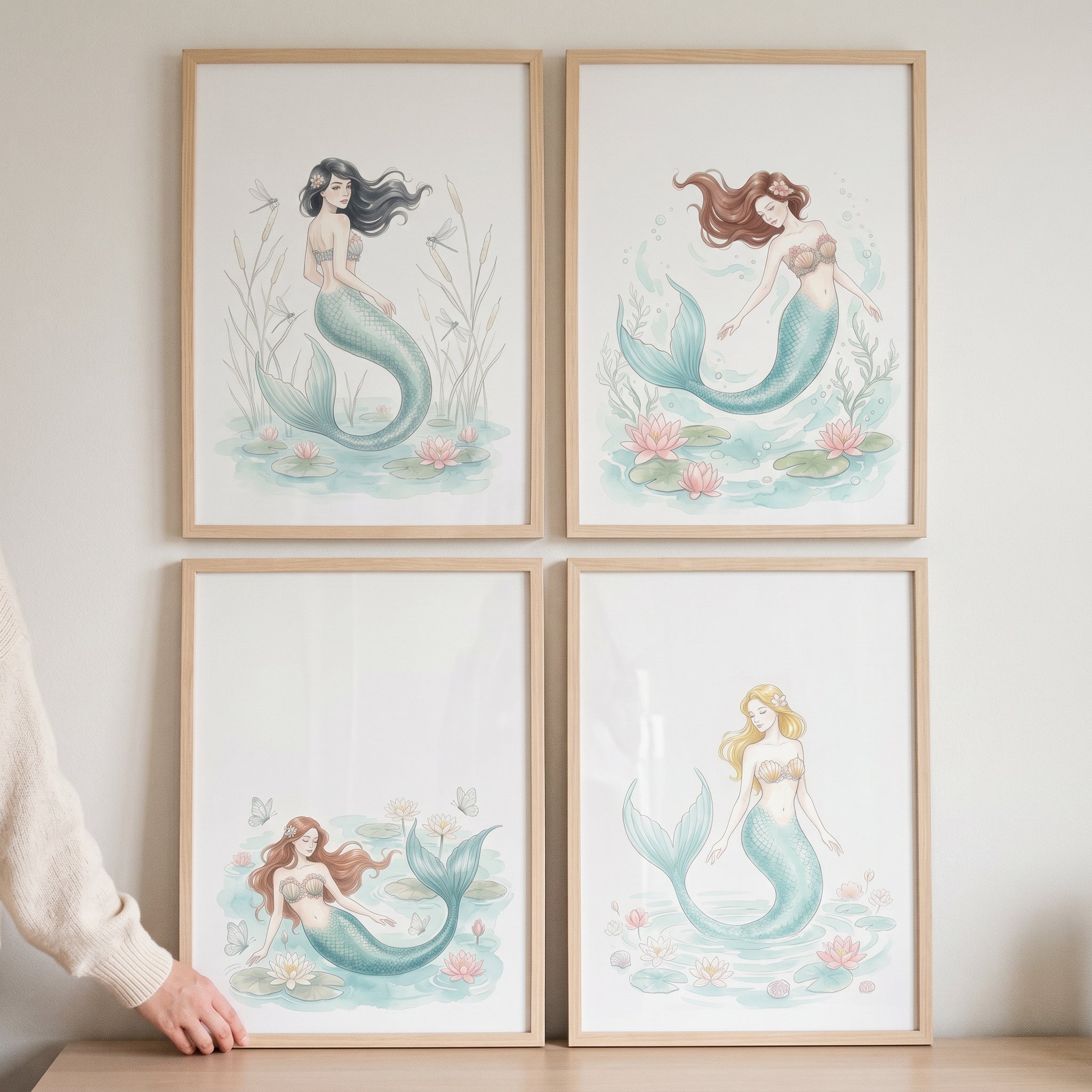 Dreamy Watercolor Botanical Mermaid Wall Art Set of 4 - Whimsical Sea Maidens