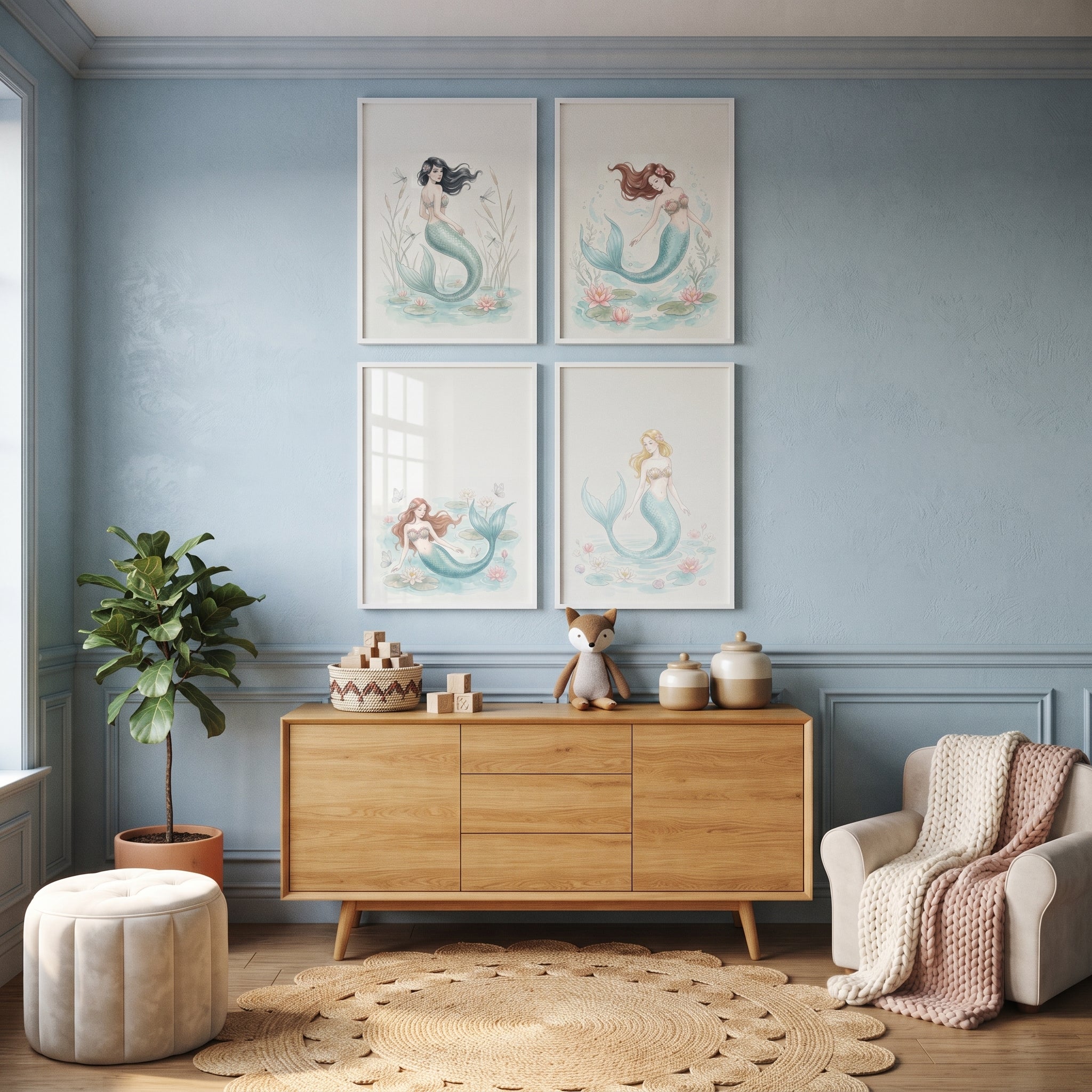 Dreamy Watercolor Botanical Mermaid Wall Art Set of 4 - Whimsical Sea Maidens