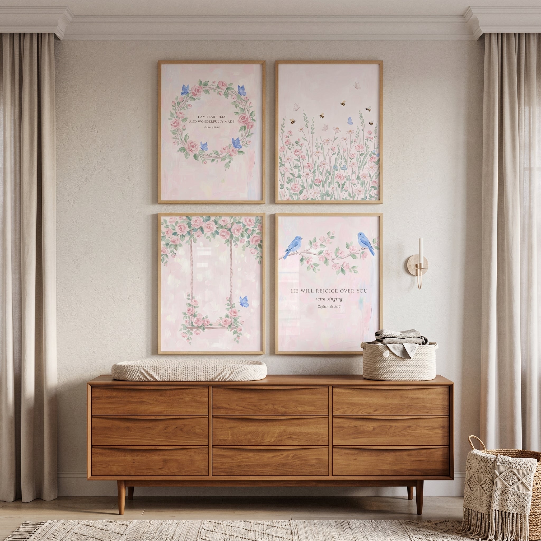 Dreamy Watercolor Floral Garden Print Set of 4 - Pastel Floral Scripture