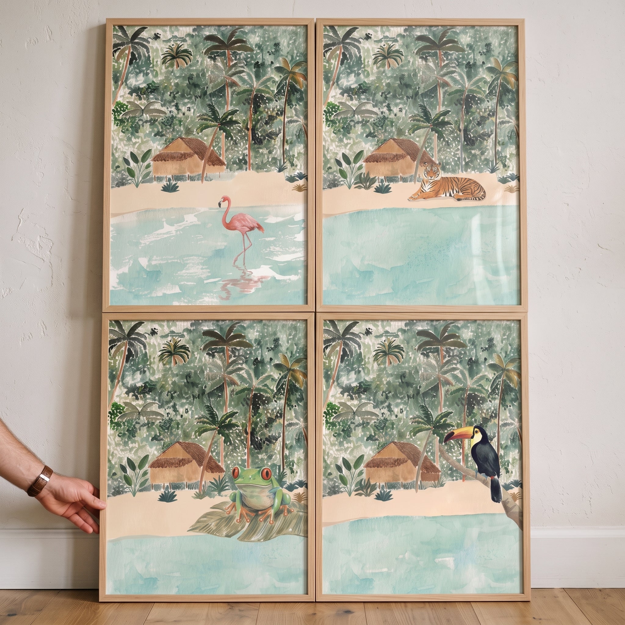 Dreamy Watercolor Jungle Animals Wall Art Set of 4 - Tropical Jungle Creatures