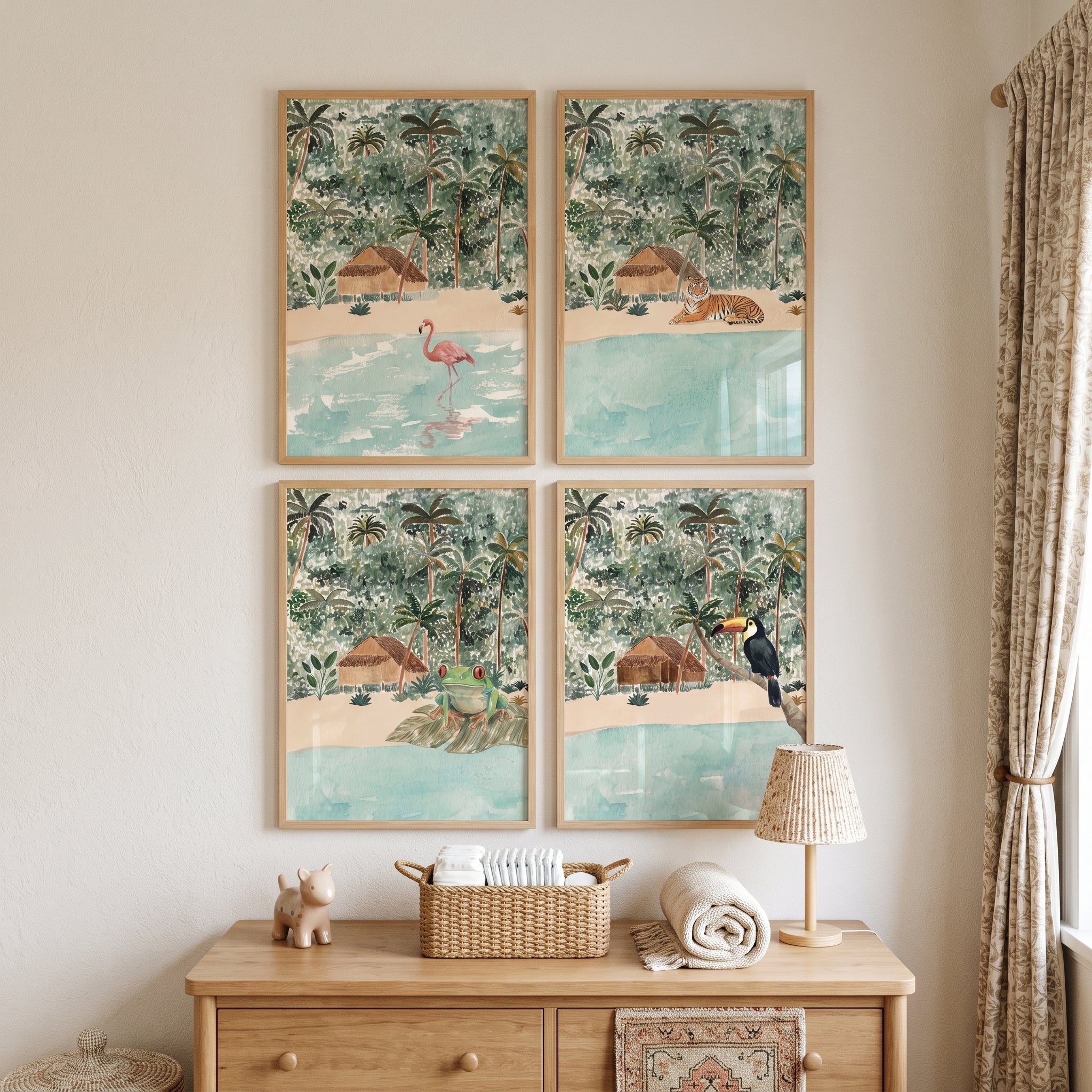Dreamy Watercolor Jungle Animals Wall Art Set of 4 - Tropical Jungle Creatures