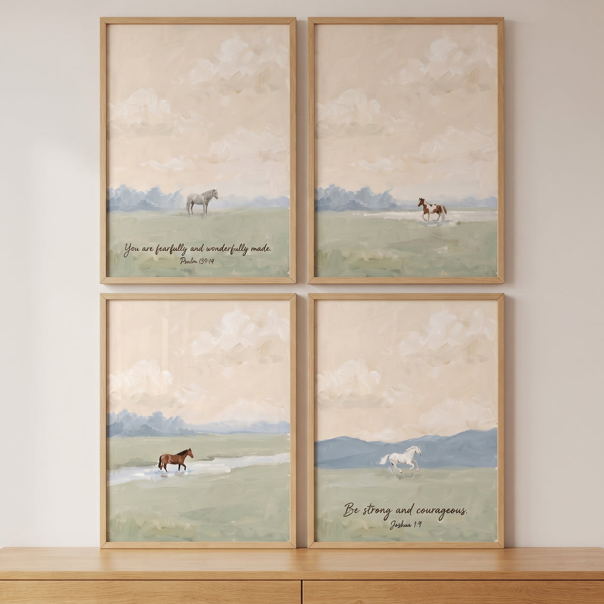 Dreamy watercolor pasture horse wall art set of 4 with light wood frames, horses in fields, and biblical verses.