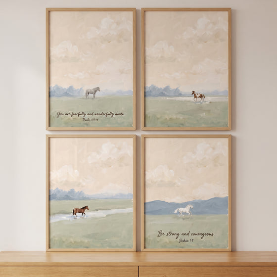 Dreamy watercolor pasture horse wall art set of 4 with light wood frames, horses in fields, and biblical verses.