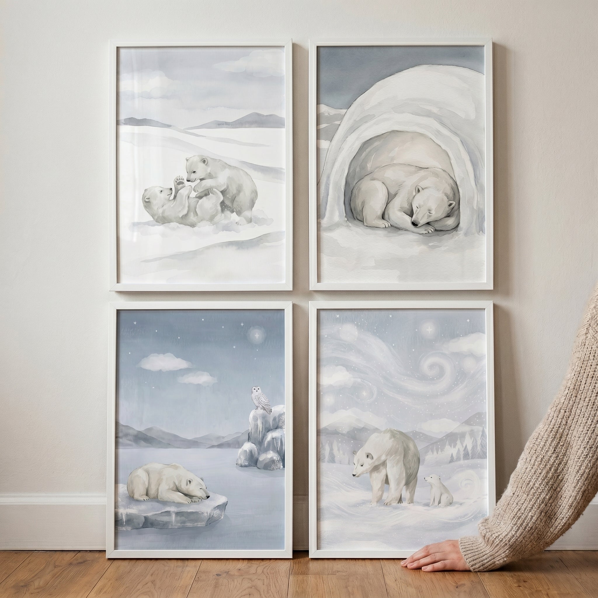 Dreamy Watercolor Polar Bear Wall Art Set of 4 - Snowy Bear Wonders