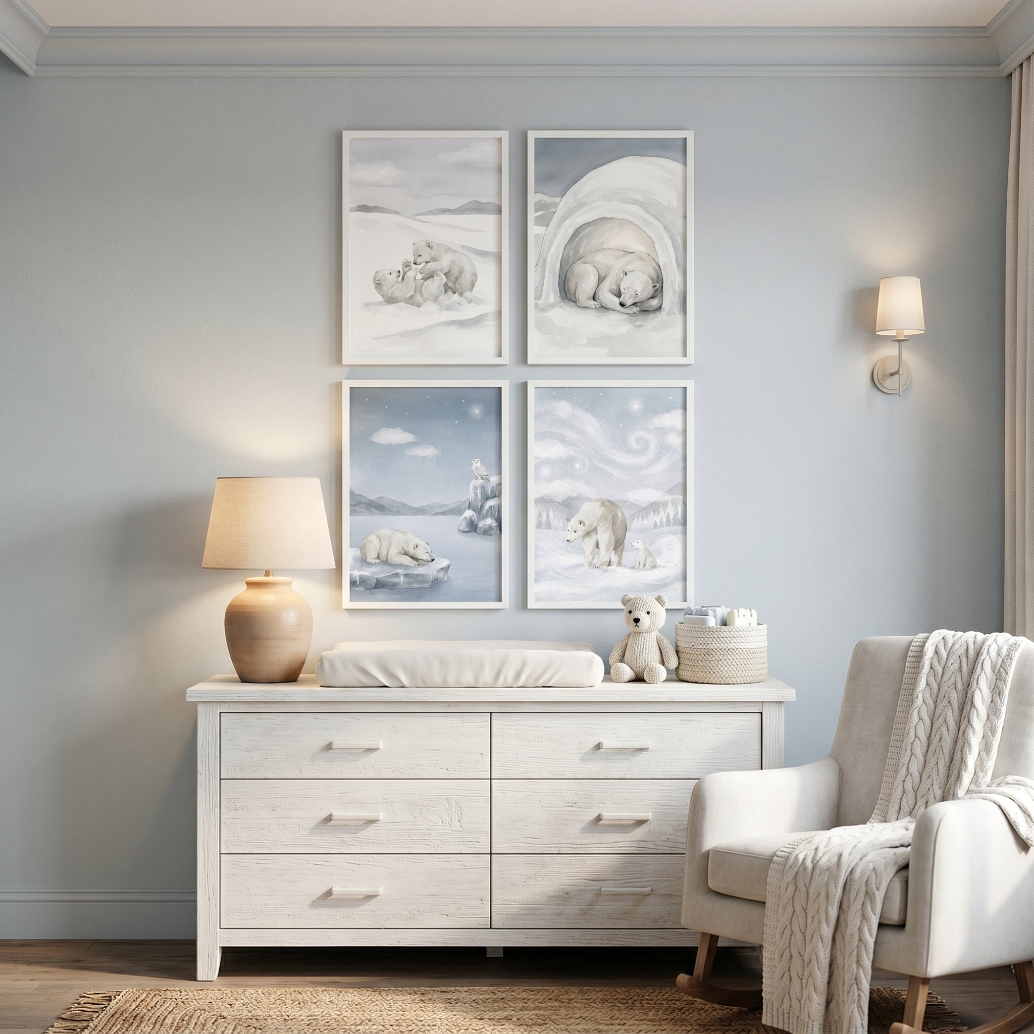 Dreamy Watercolor Polar Bear Wall Art Set of 4 - Snowy Bear Wonders